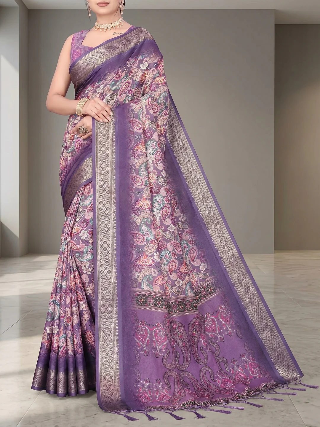 Peachmode Purple Cotton Silk Digital Print Saree with Jacquard Border - Image 3