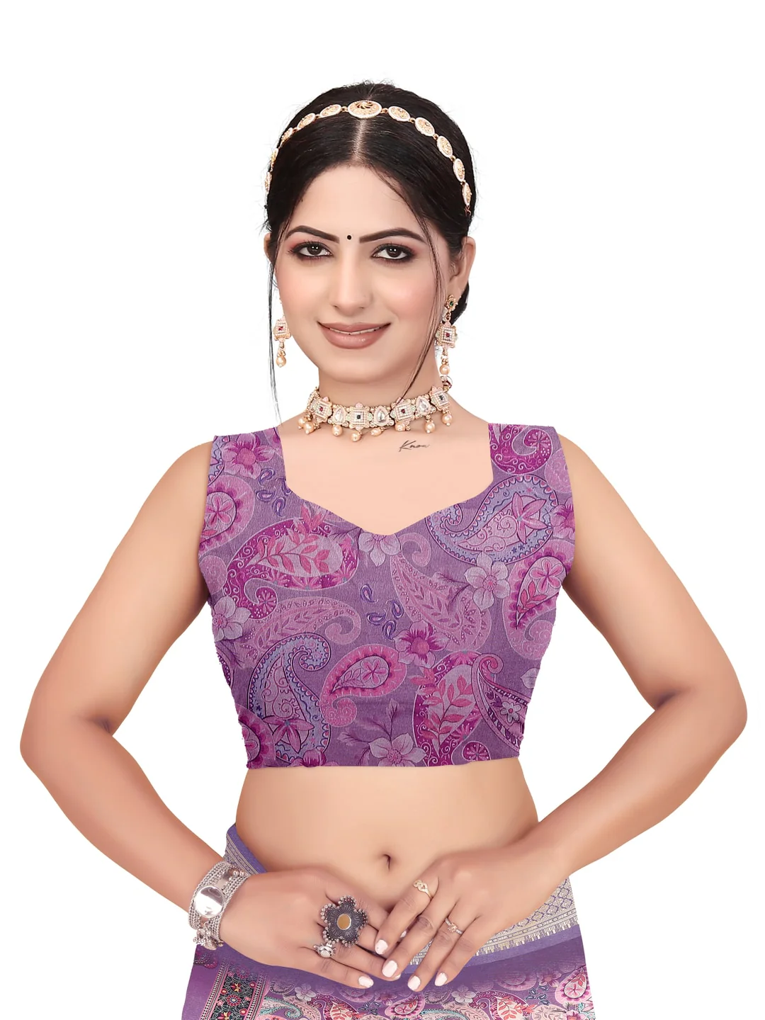 Peachmode Purple Cotton Silk Digital Print Saree with Jacquard Border - Image 31
