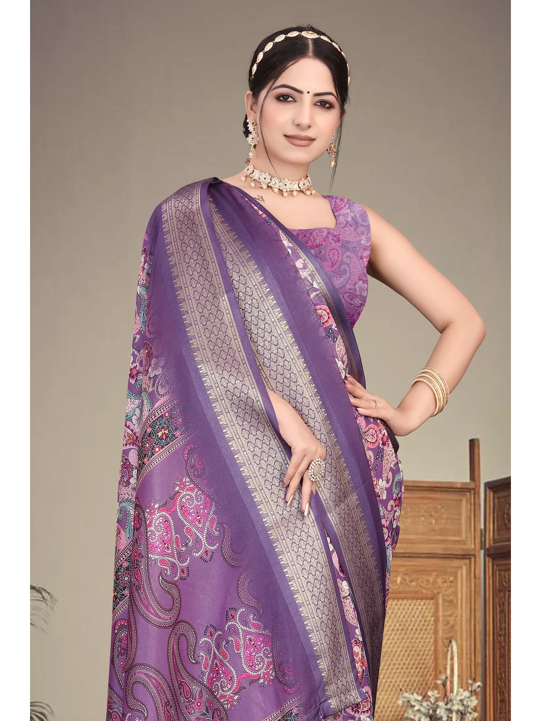Peachmode Purple Cotton Silk Digital Print Saree with Jacquard Border - Image 7