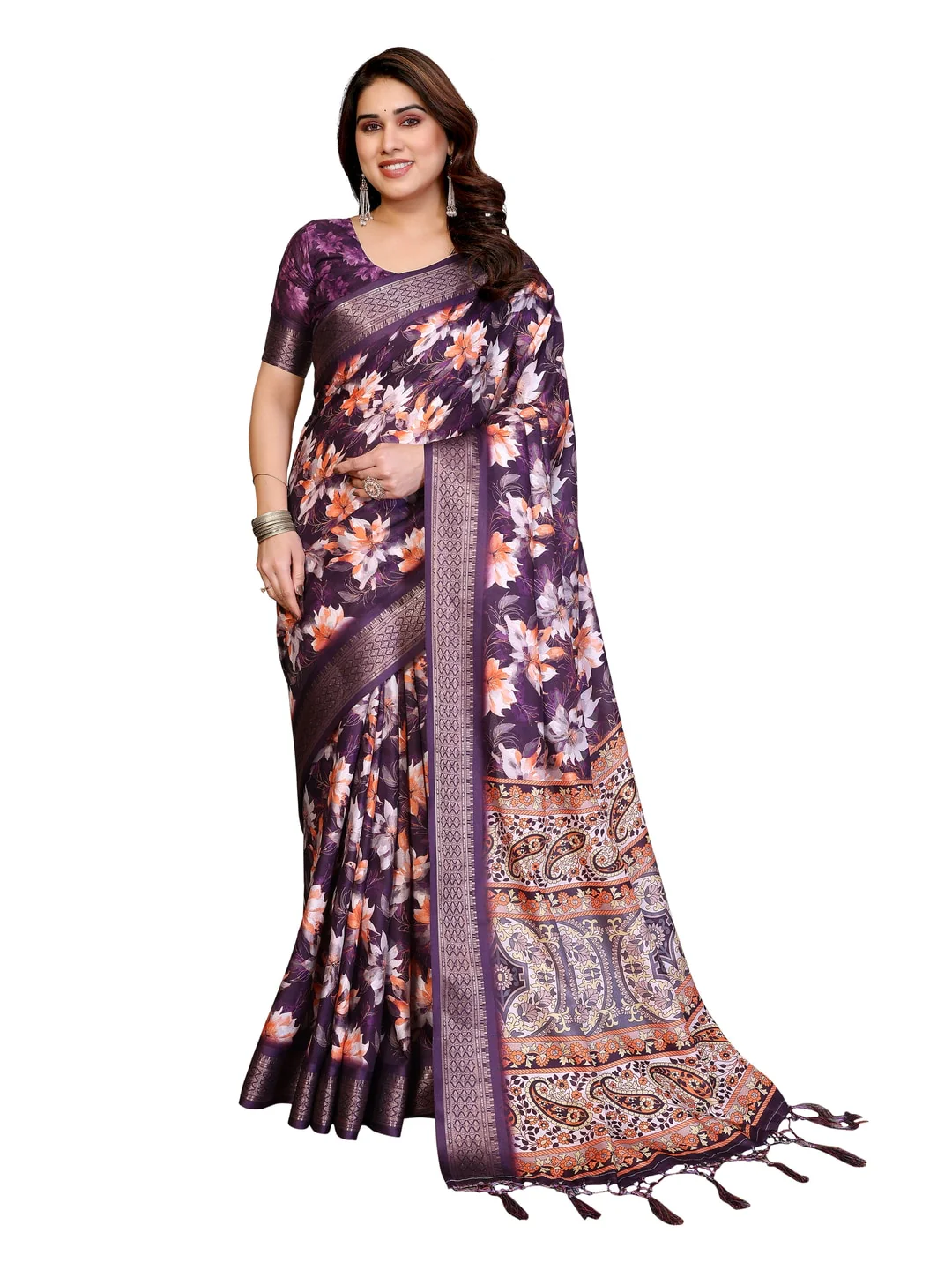 Peachmode Purple Cotton Silk Floral Print Saree with Zari Border - Image 16
