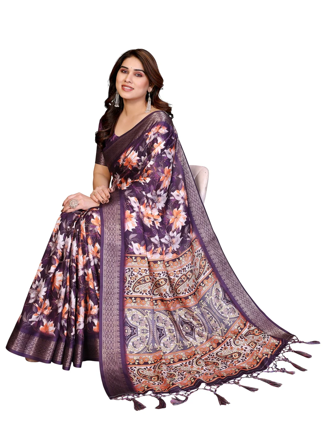 Peachmode Purple Cotton Silk Floral Print Saree with Zari Border - Image 20