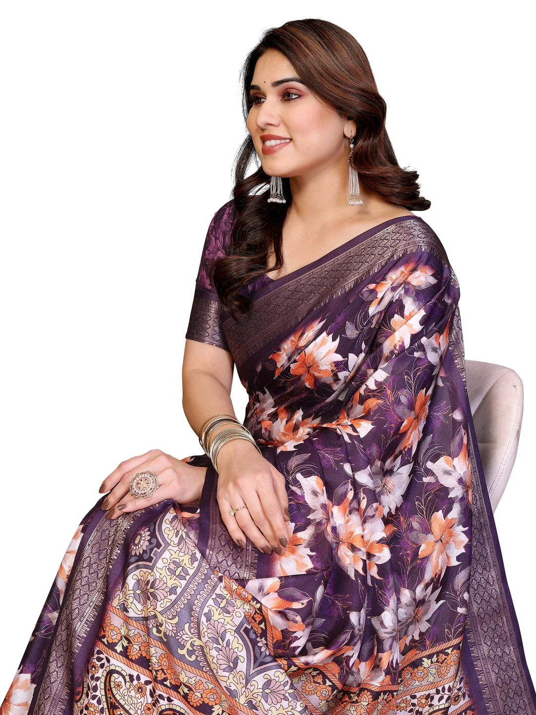 Peachmode Purple Cotton Silk Floral Print Saree with Zari Border - Image 21