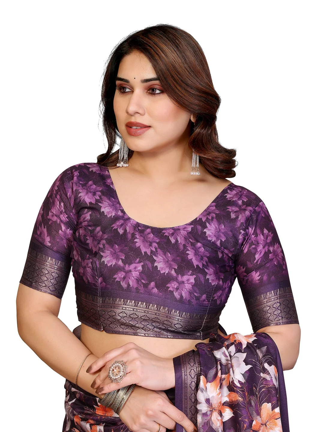 Peachmode Purple Cotton Silk Floral Print Saree with Zari Border - Image 22