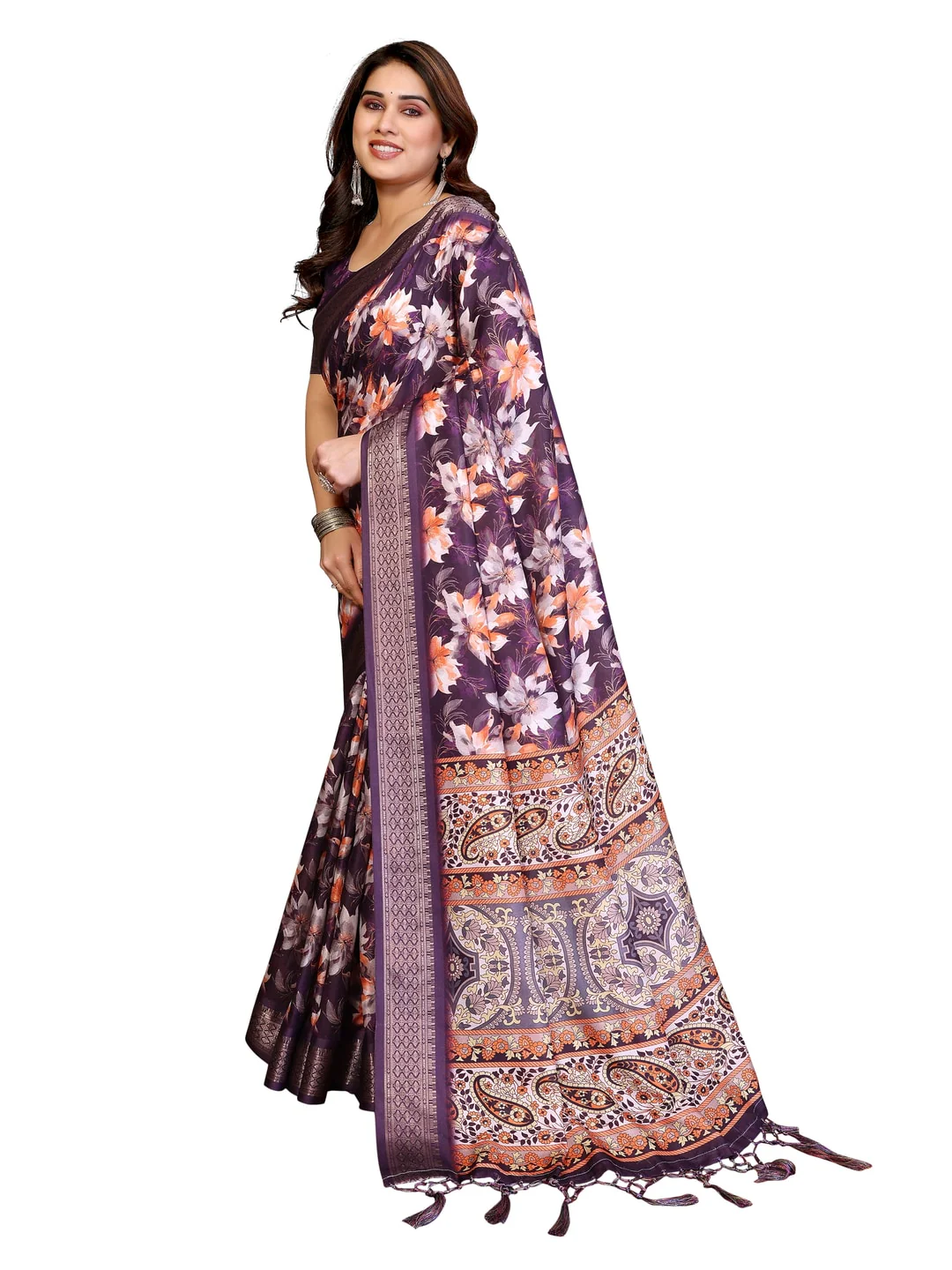 Peachmode Purple Cotton Silk Floral Print Saree with Zari Border - Image 24