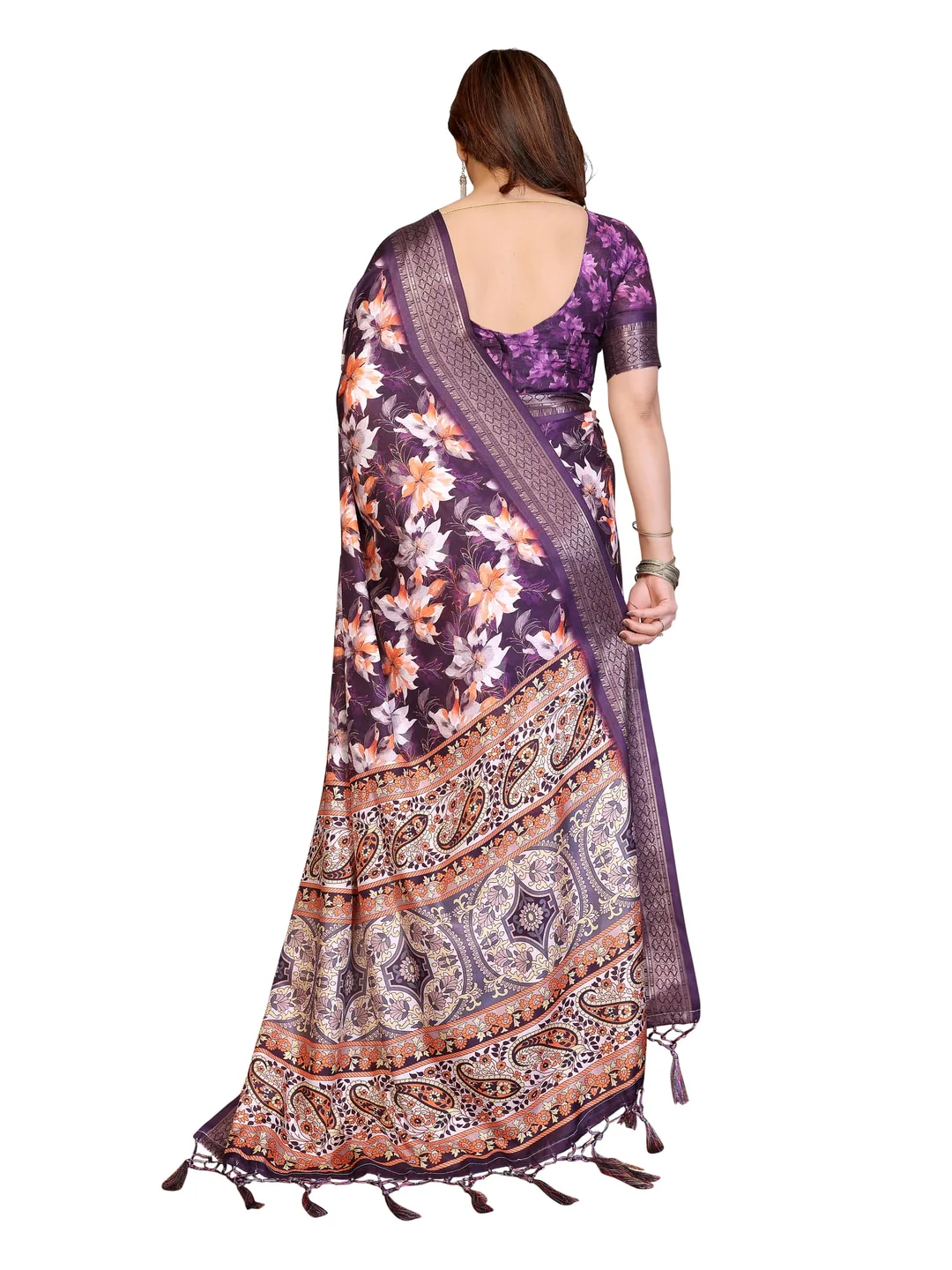 Peachmode Purple Cotton Silk Floral Print Saree with Zari Border - Image 25