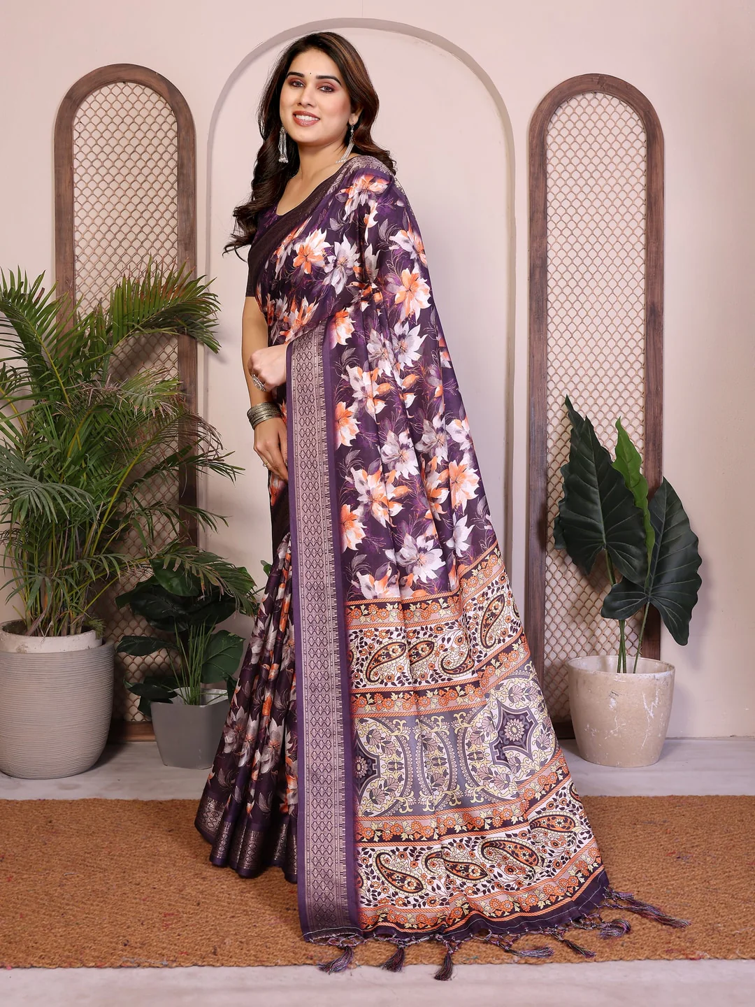Peachmode Purple Cotton Silk Floral Print Saree with Zari Border - Image 6
