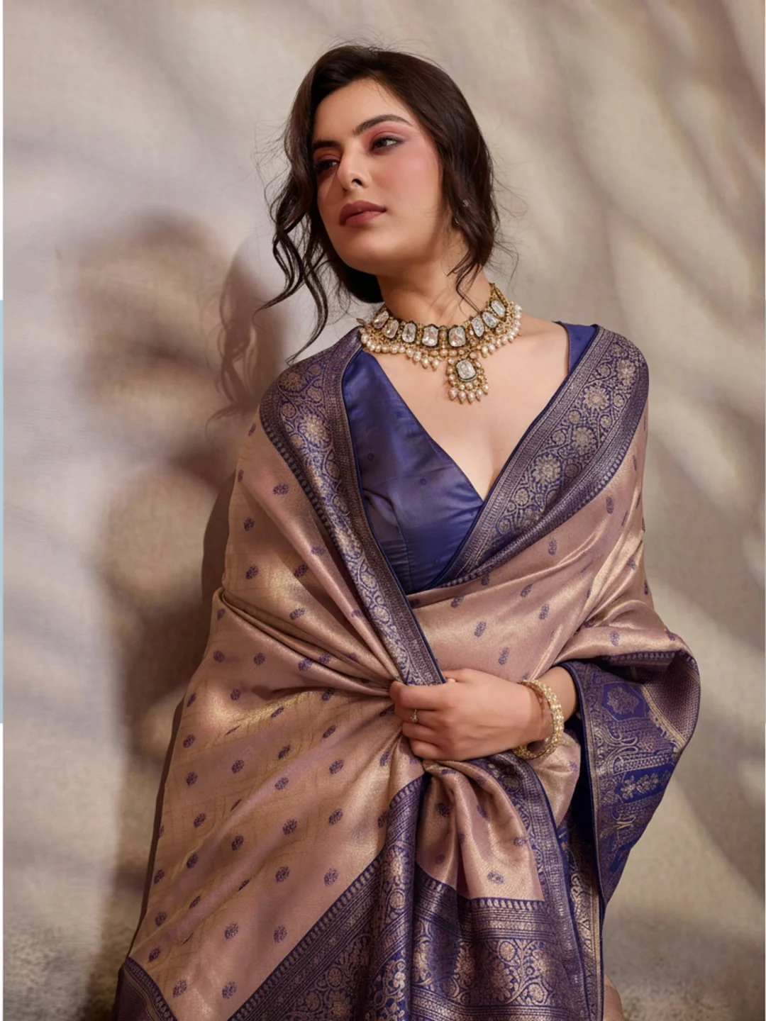 Peachmode Purple Kanjivaram Soft Silk Saree with Meenakari Woven Pallu
