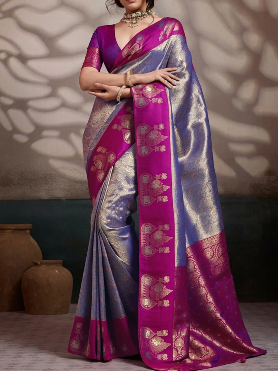 Peachmode Purple Kanjivaram Soft Silk Saree with Meenakari Woven Pallu - Image 4