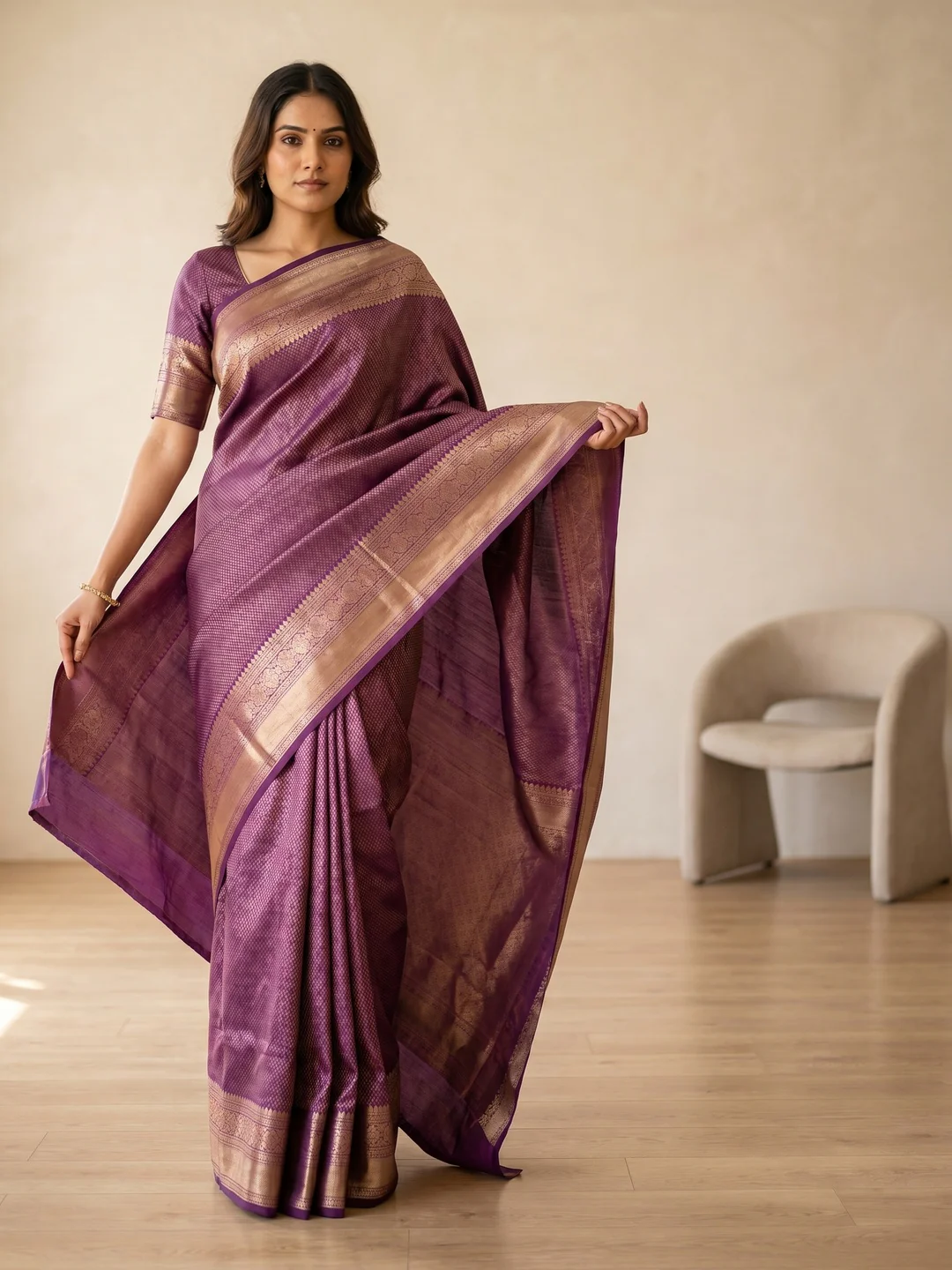 Peachmode Purple Soft Lichi Silk Saree with Zari Woven Border - Image 3