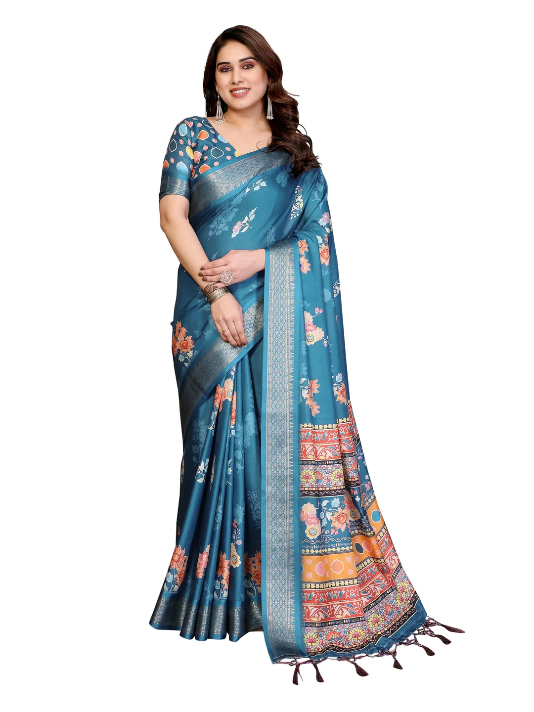 Peachmode Rama Blue Cotton Silk Floral Print Saree with Zari Border - Image 20