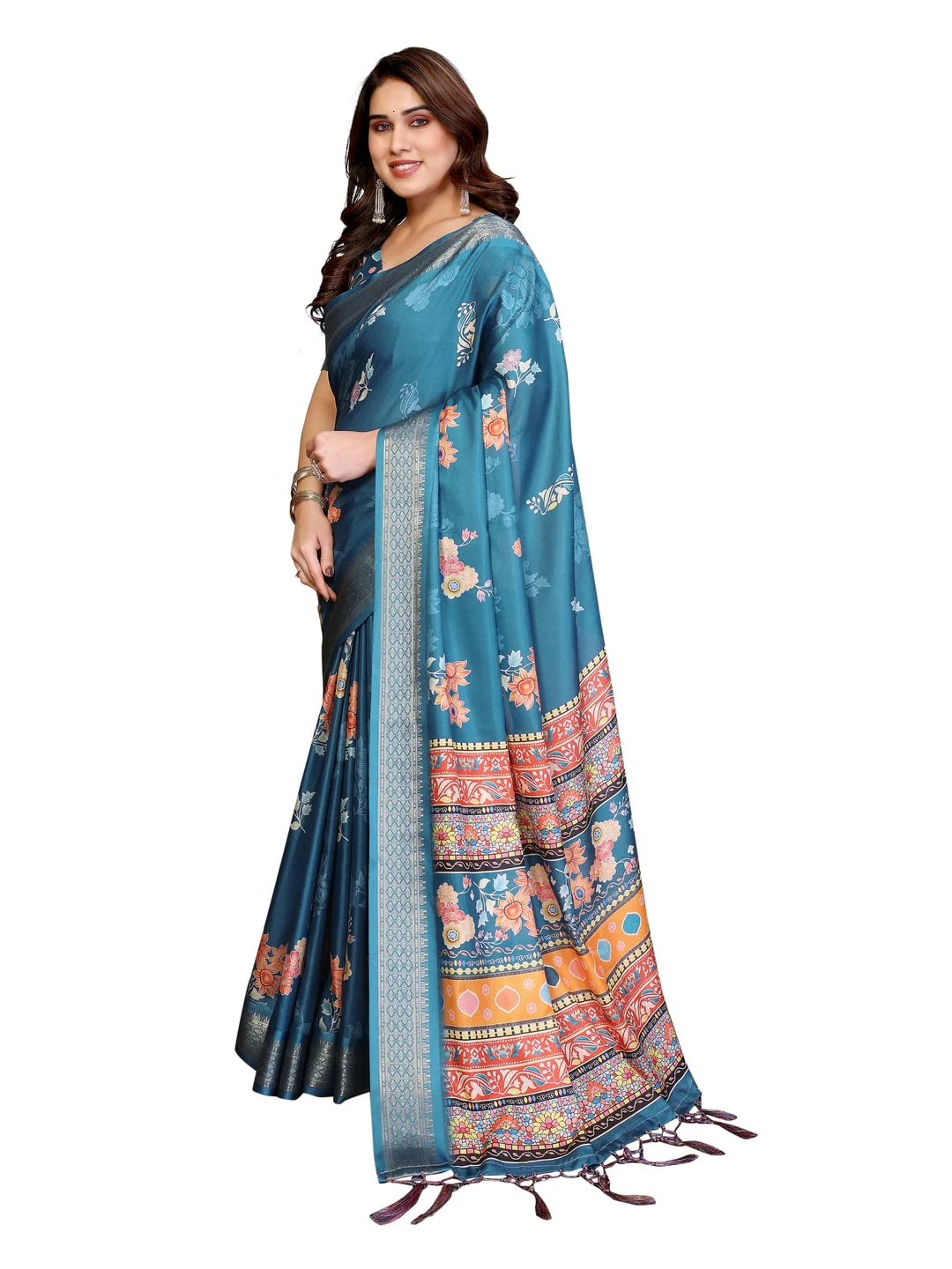 Peachmode Rama Blue Cotton Silk Floral Print Saree with Zari Border - Image 21