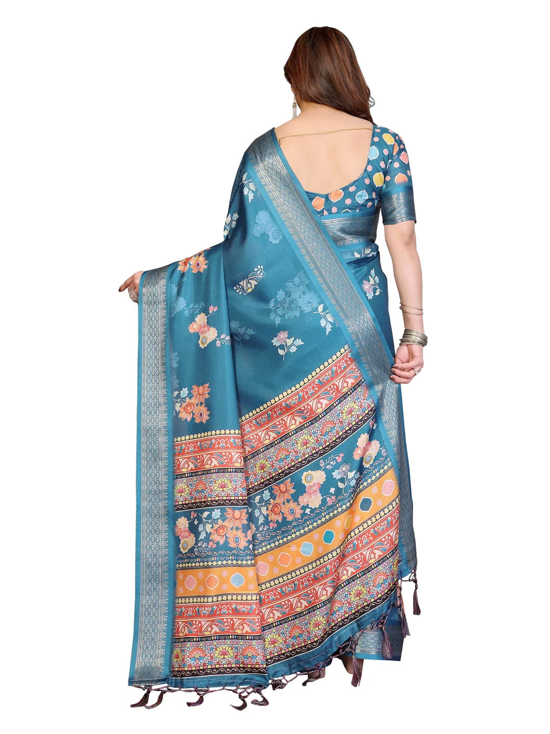 Peachmode Rama Blue Cotton Silk Floral Print Saree with Zari Border - Image 22