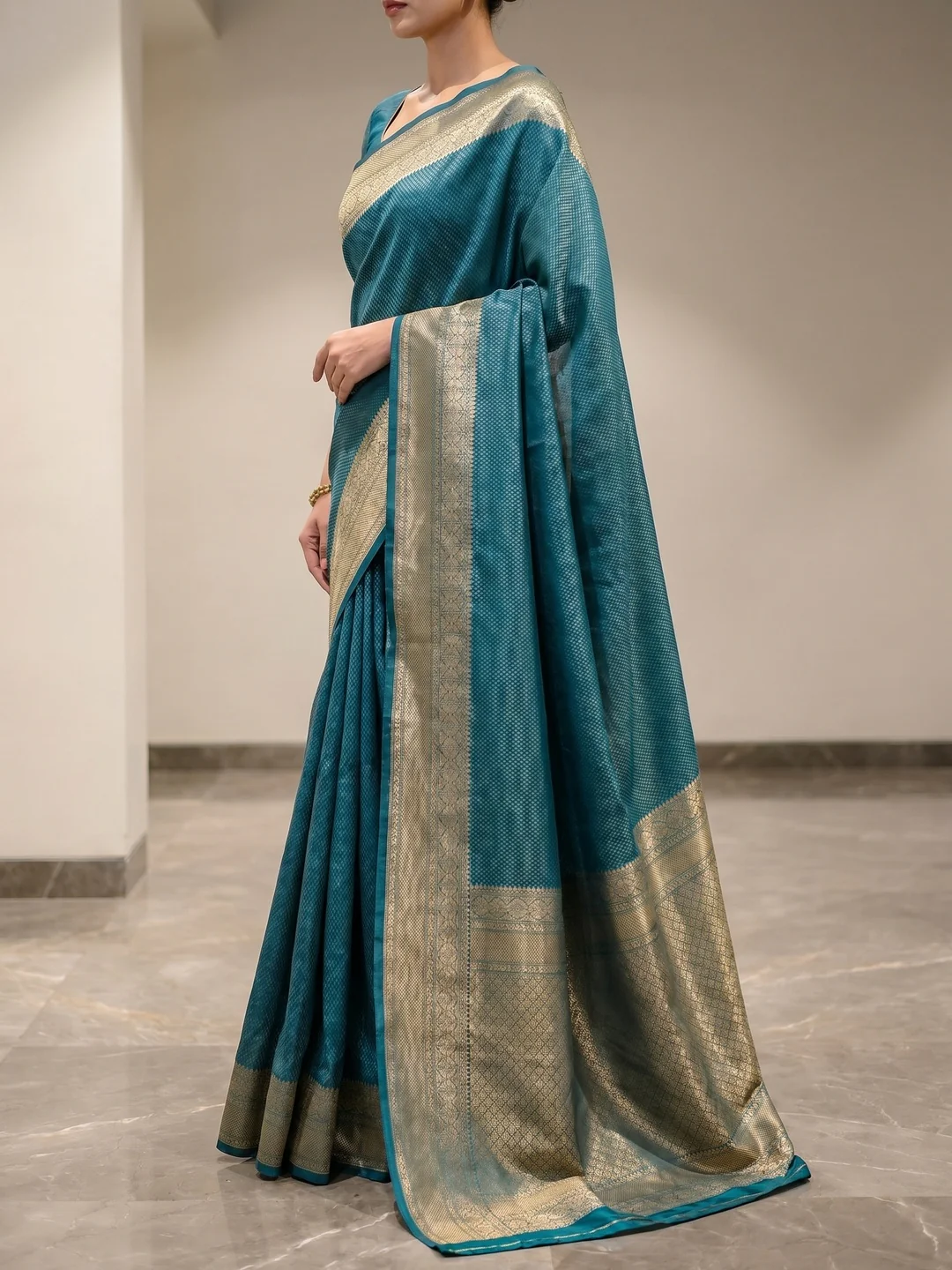 Peachmode Rama Blue Soft Lichi Silk Saree with Zari Woven Border - Image 4