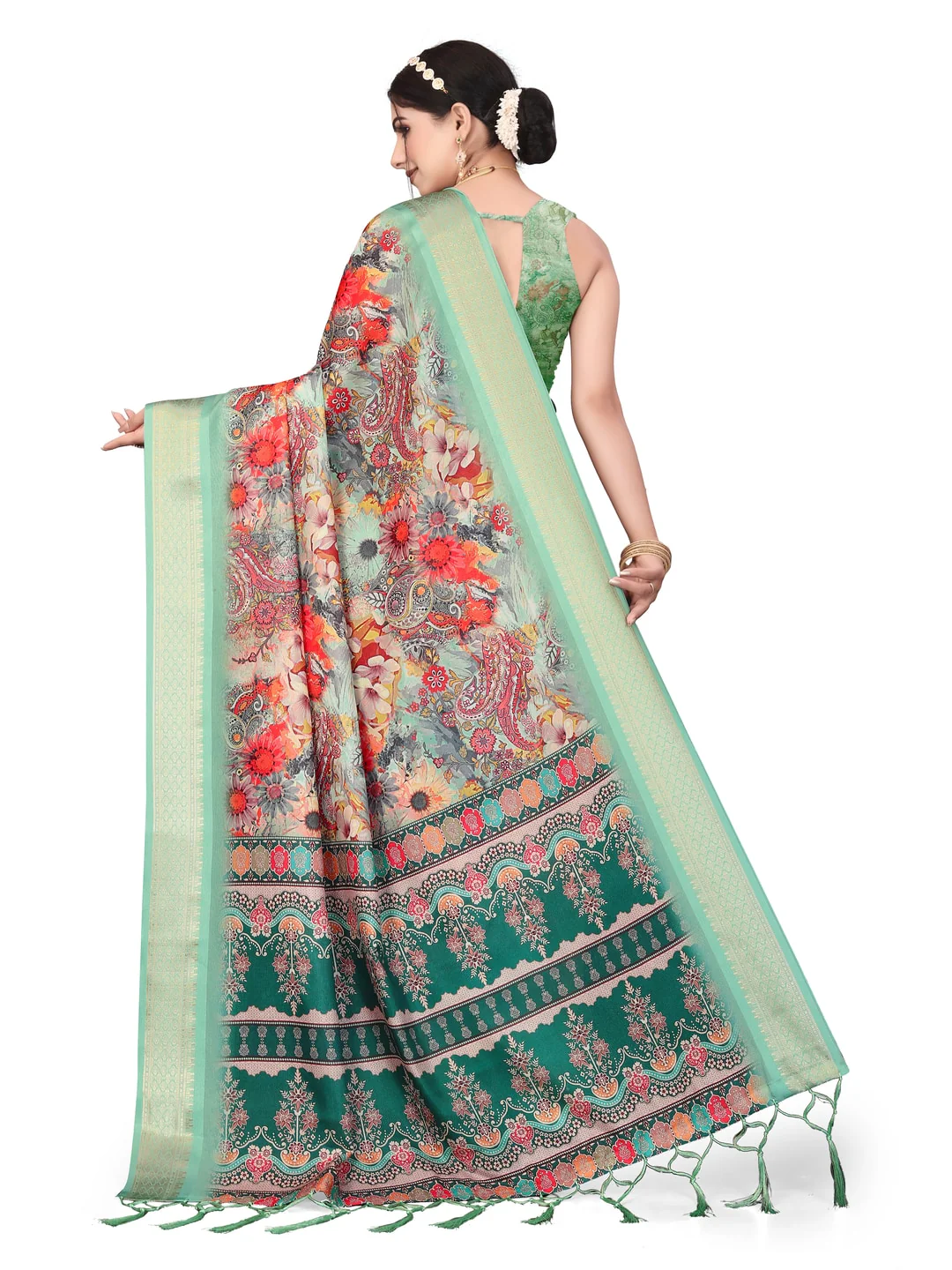 Peachmode Sea Green Cotton Silk Digital Print Saree with Jacquard Border - Image 20