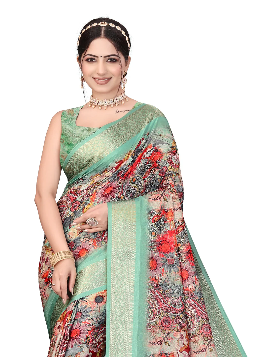 Peachmode Sea Green Cotton Silk Digital Print Saree with Jacquard Border - Image 24