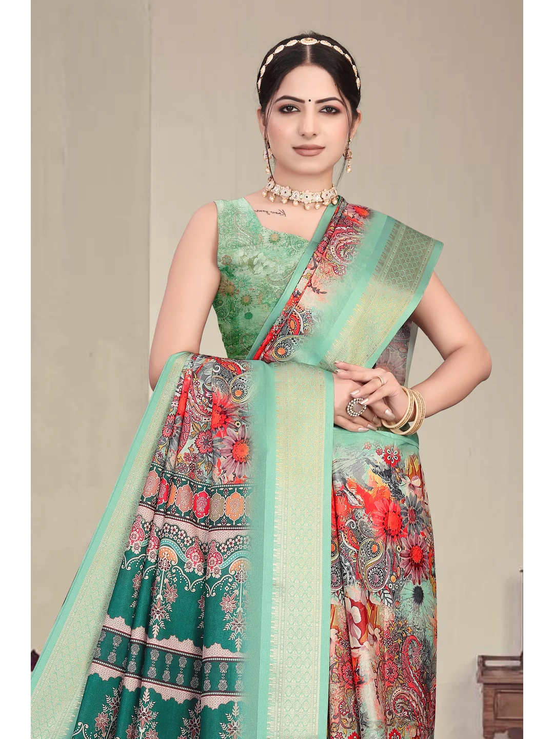 Peachmode Sea Green Cotton Silk Digital Print Saree with Jacquard Border - Image 6
