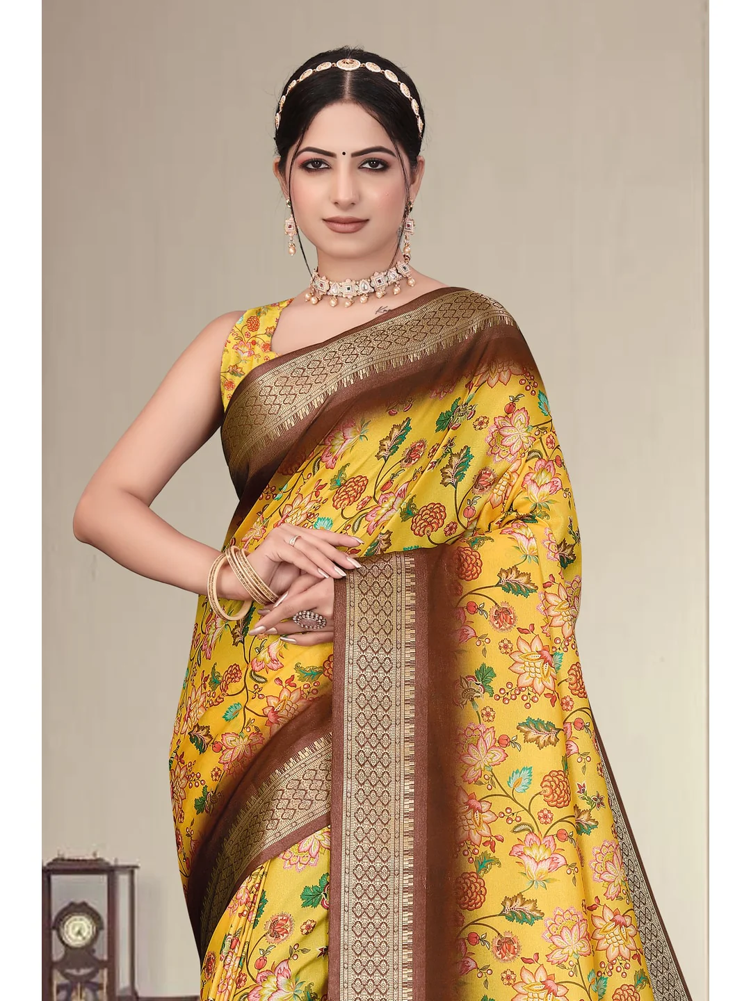 Peachmode Yellow Cotton Silk Digital Print Saree with Jacquard Border - Image 10
