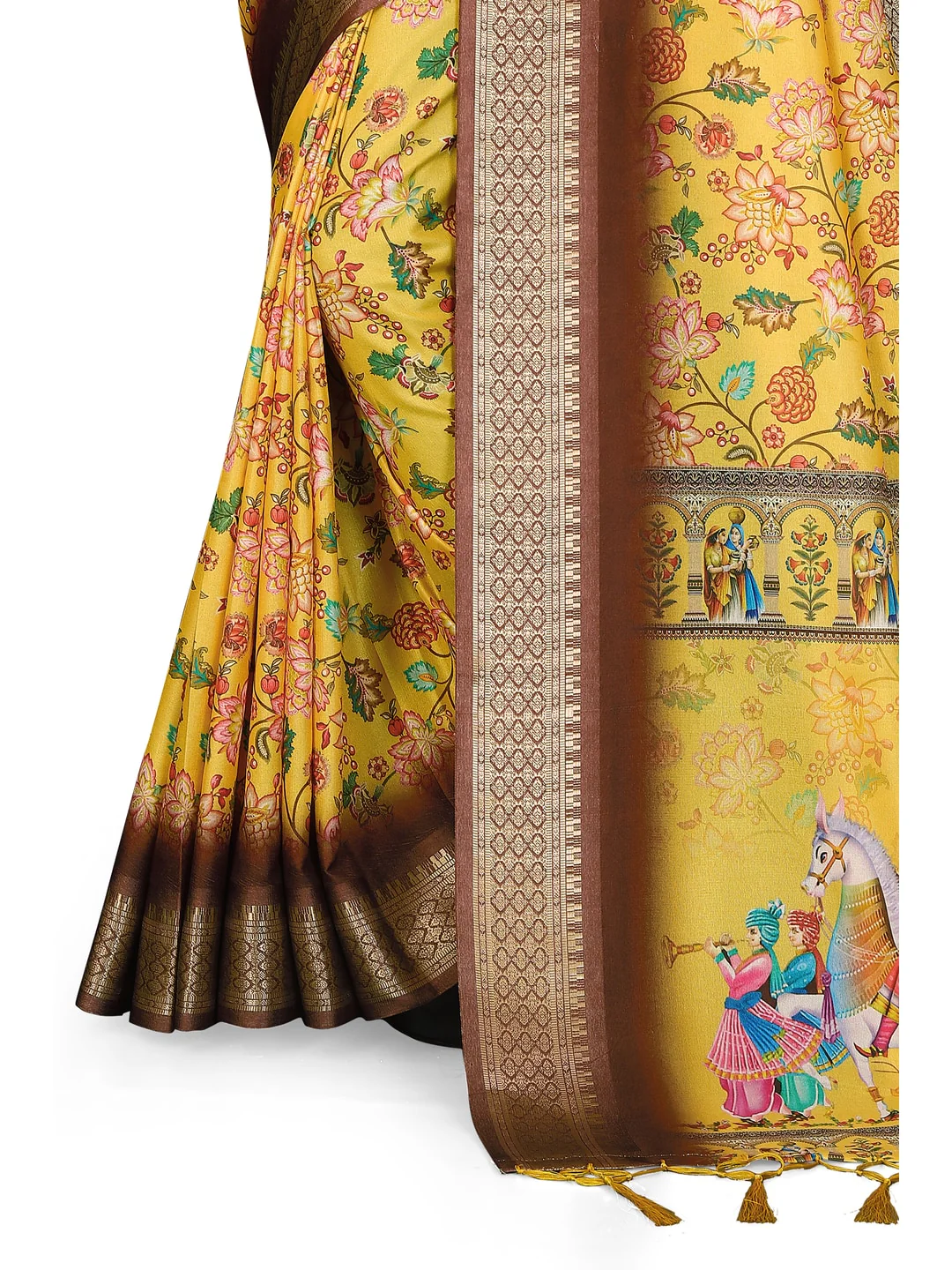 Peachmode Yellow Cotton Silk Digital Print Saree with Jacquard Border - Image 19