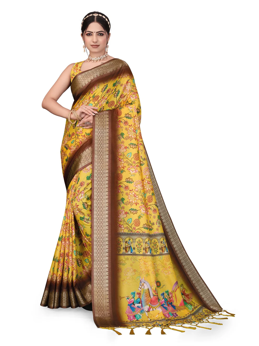 Peachmode Yellow Cotton Silk Digital Print Saree with Jacquard Border - Image 20