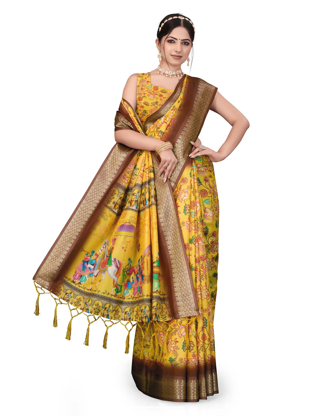 Peachmode Yellow Cotton Silk Digital Print Saree with Jacquard Border - Image 23