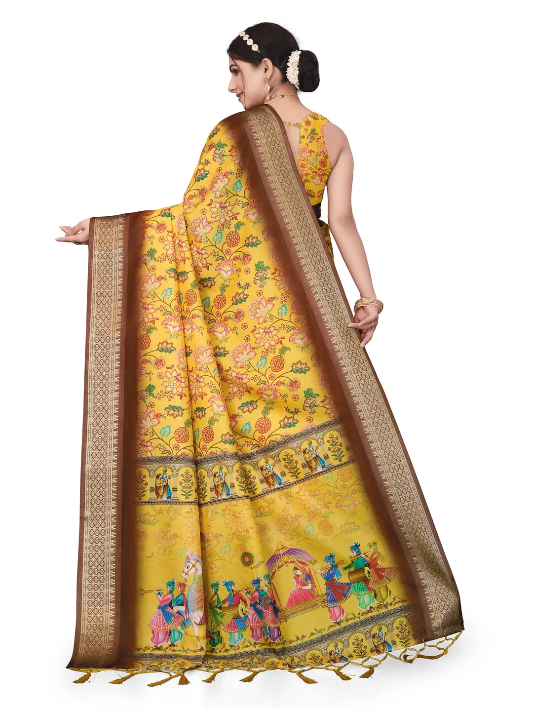 Peachmode Yellow Cotton Silk Digital Print Saree with Jacquard Border - Image 28