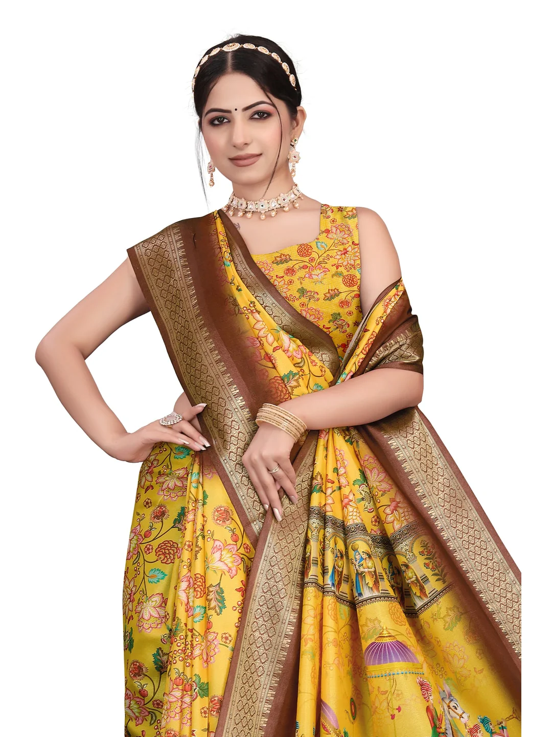 Peachmode Yellow Cotton Silk Digital Print Saree with Jacquard Border - Image 29