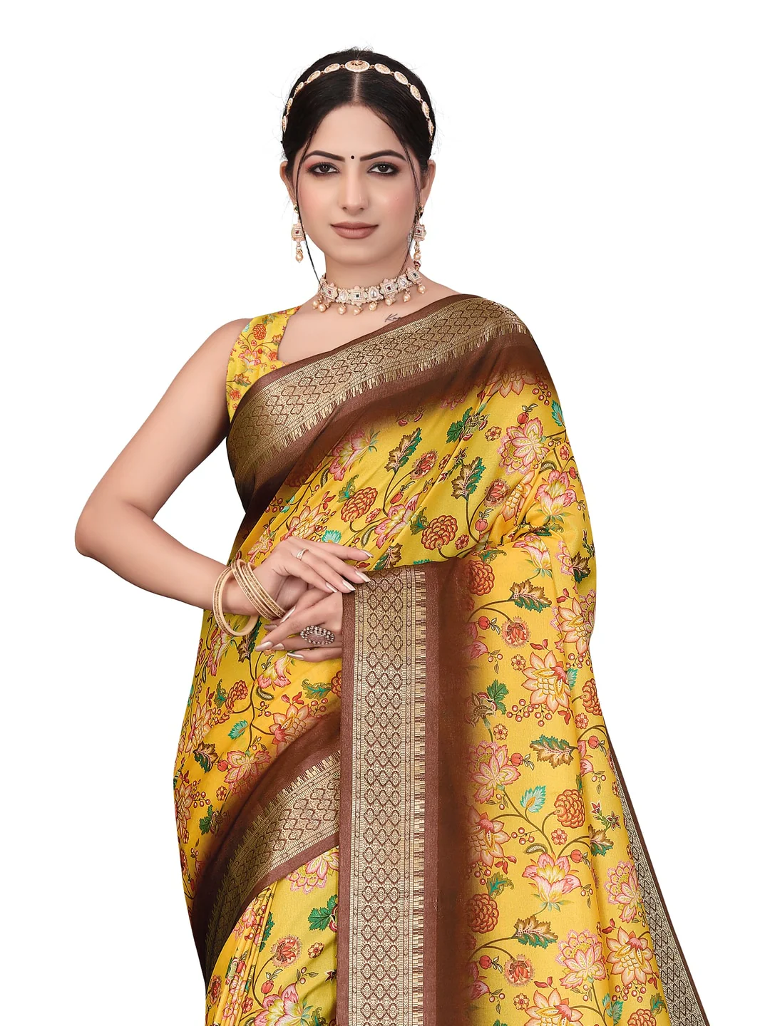 Peachmode Yellow Cotton Silk Digital Print Saree with Jacquard Border - Image 32