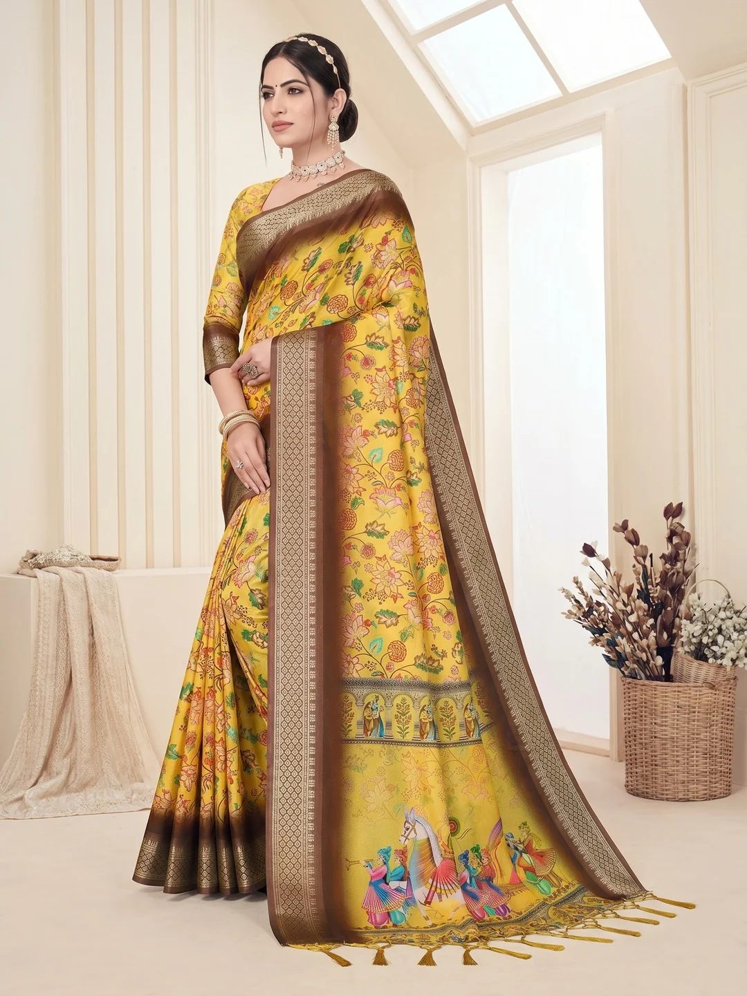 Peachmode Yellow Cotton Silk Digital Print Saree with Jacquard Border - Image 4
