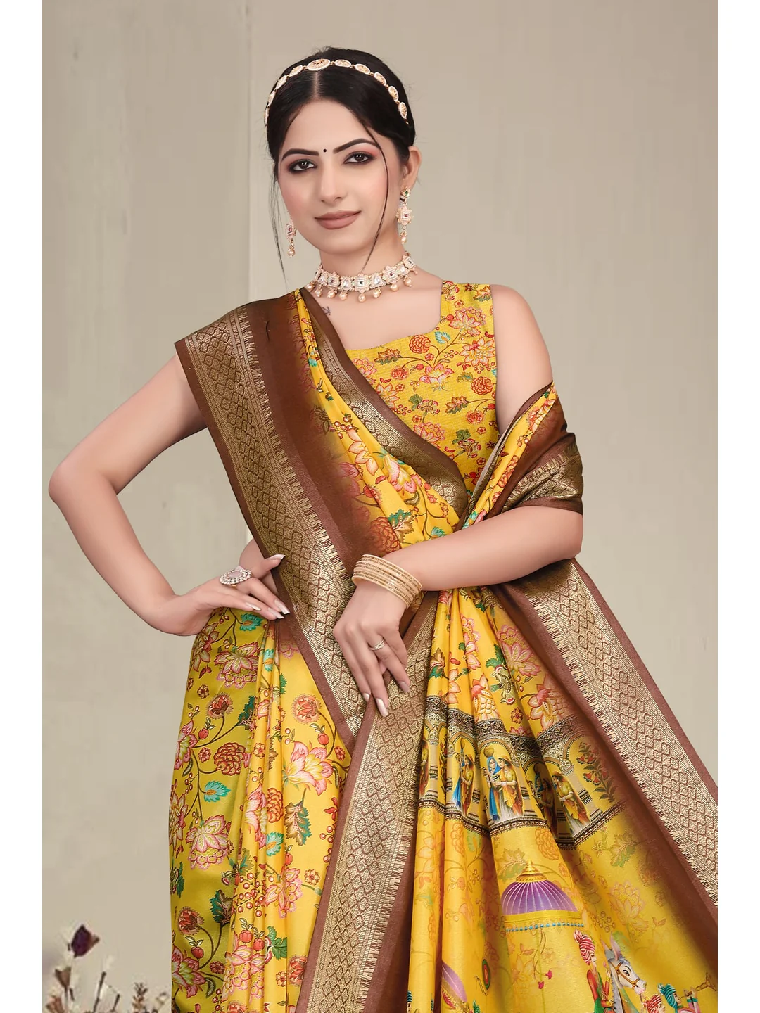 Peachmode Yellow Cotton Silk Digital Print Saree with Jacquard Border - Image 7
