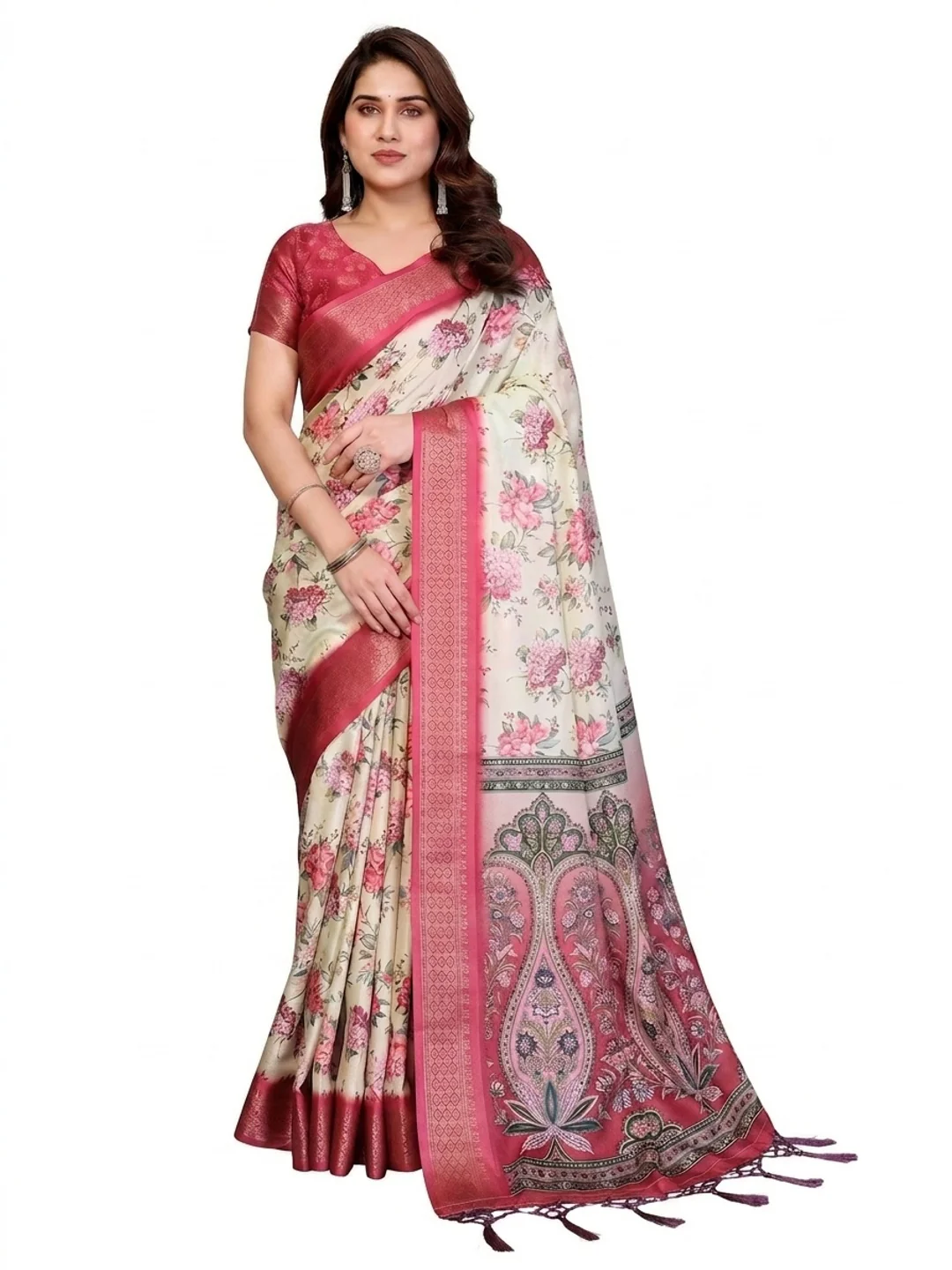 Peachmode Yellow Cotton Silk Floral Print Saree with Zari Border - Image 12