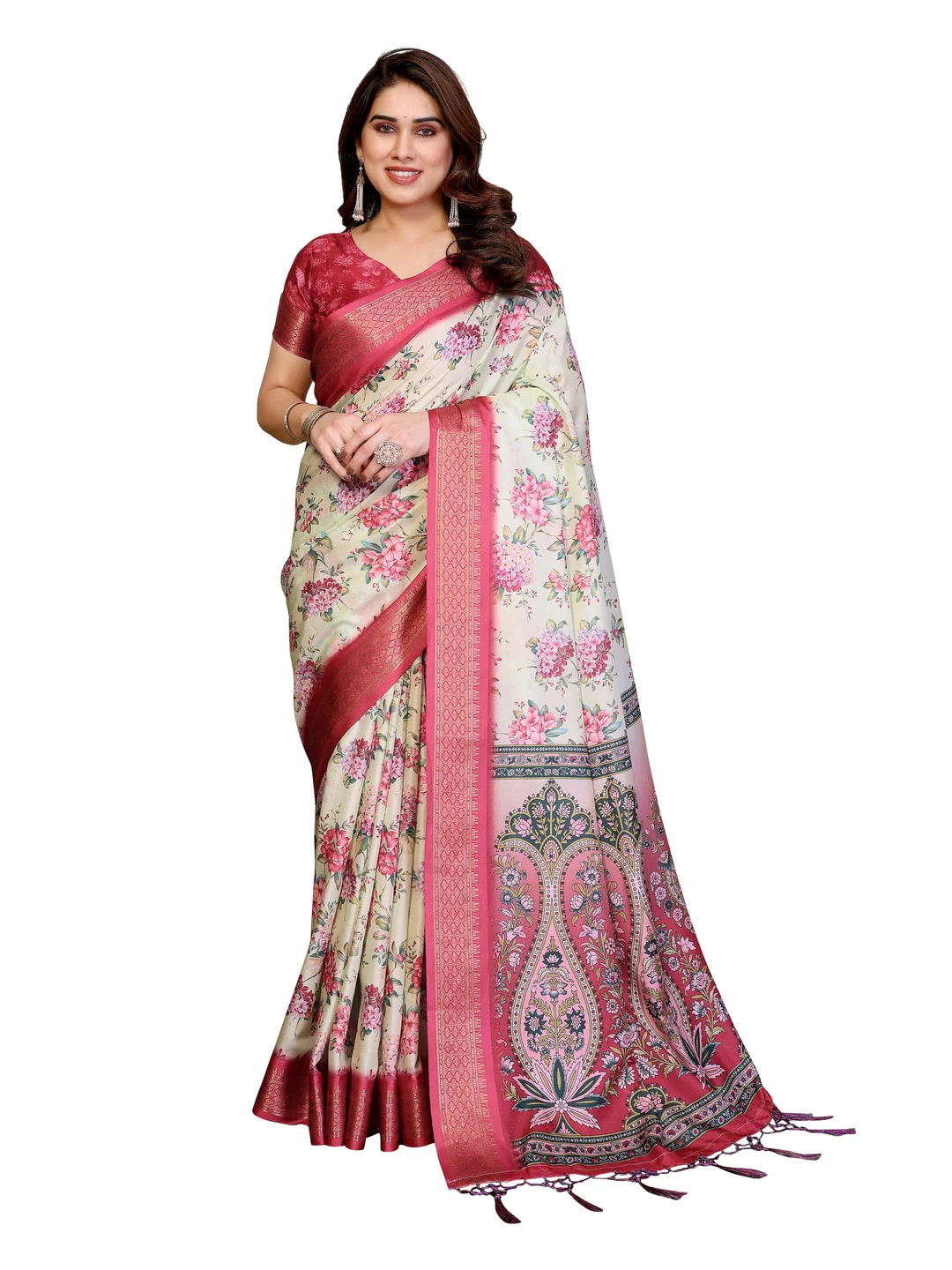Peachmode Yellow Cotton Silk Floral Print Saree with Zari Border - Image 13