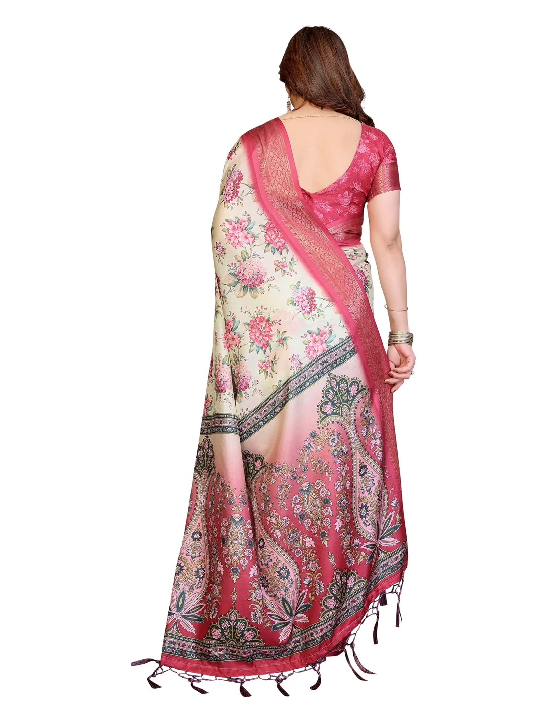 Peachmode Yellow Cotton Silk Floral Print Saree with Zari Border - Image 18