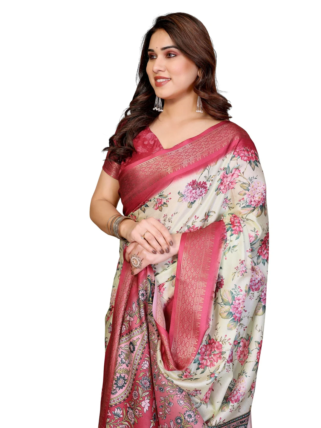Peachmode Yellow Cotton Silk Floral Print Saree with Zari Border - Image 23