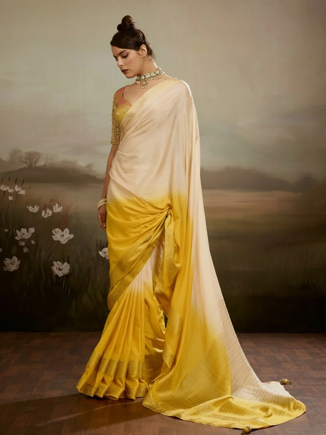 Peachmode Yellow Soft Chiffon Ombre Saree with Zari Woven Pallu