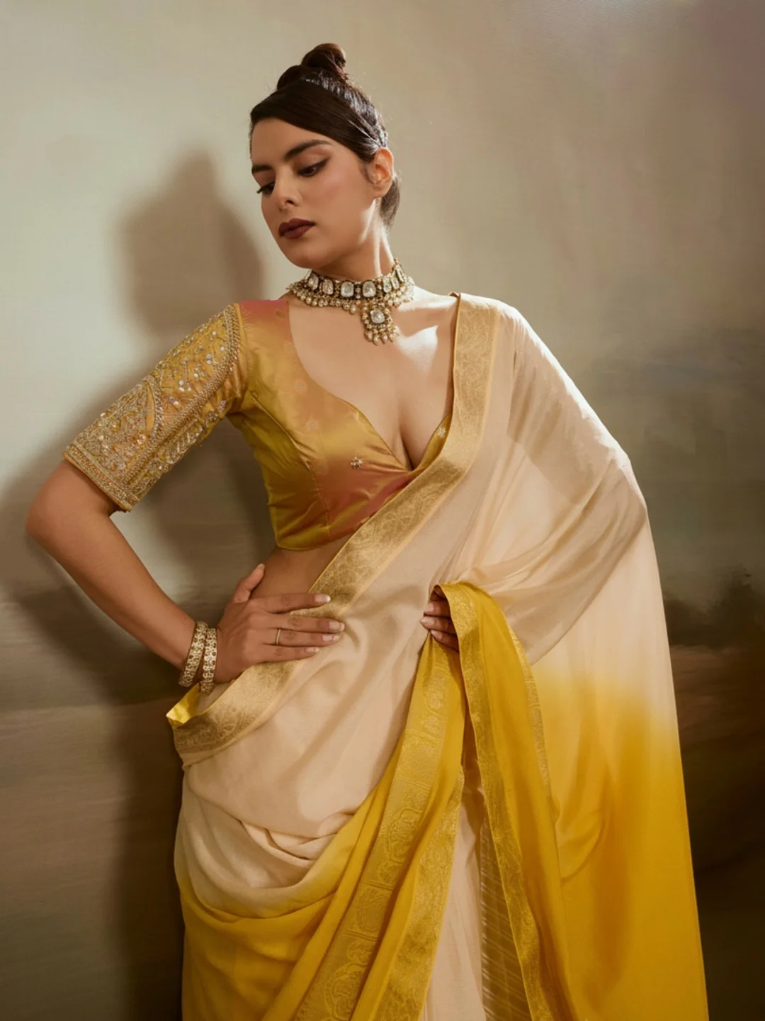 Peachmode Yellow Soft Chiffon Ombre Saree with Zari Woven Pallu - Image 3