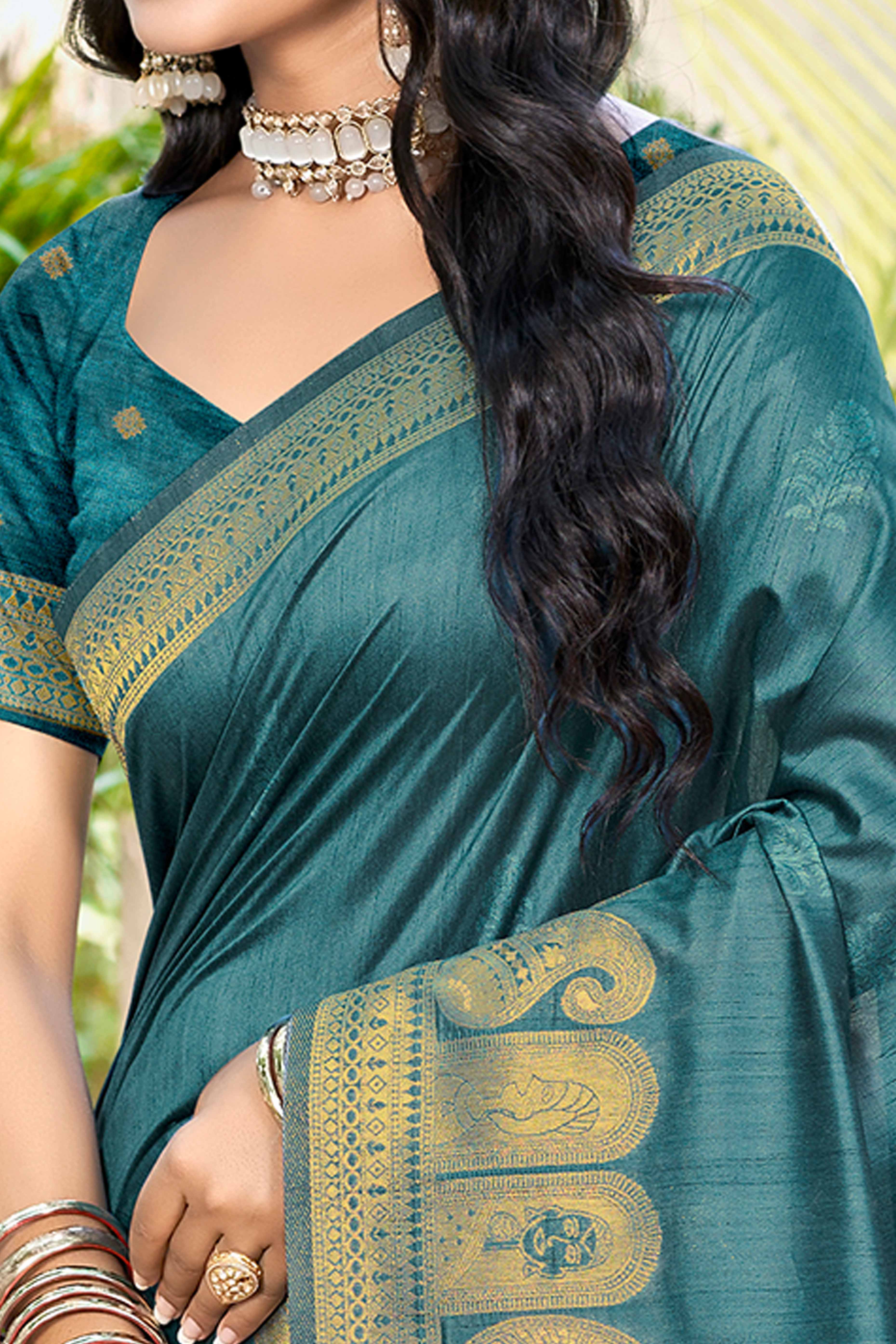 Peacock Blue Assam Silk Blend Saree With Intricate Zari Floral & Paisley Weaving & Tassel Pallu - Image 2