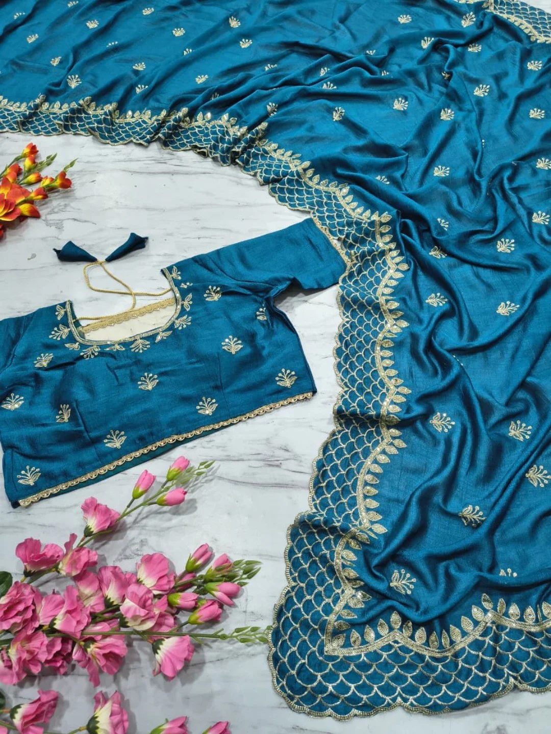 Peacock Blue Floral Design Vichitra Silk Saree Featuring Intricate Thread & Sequins Embroidery - Image 3