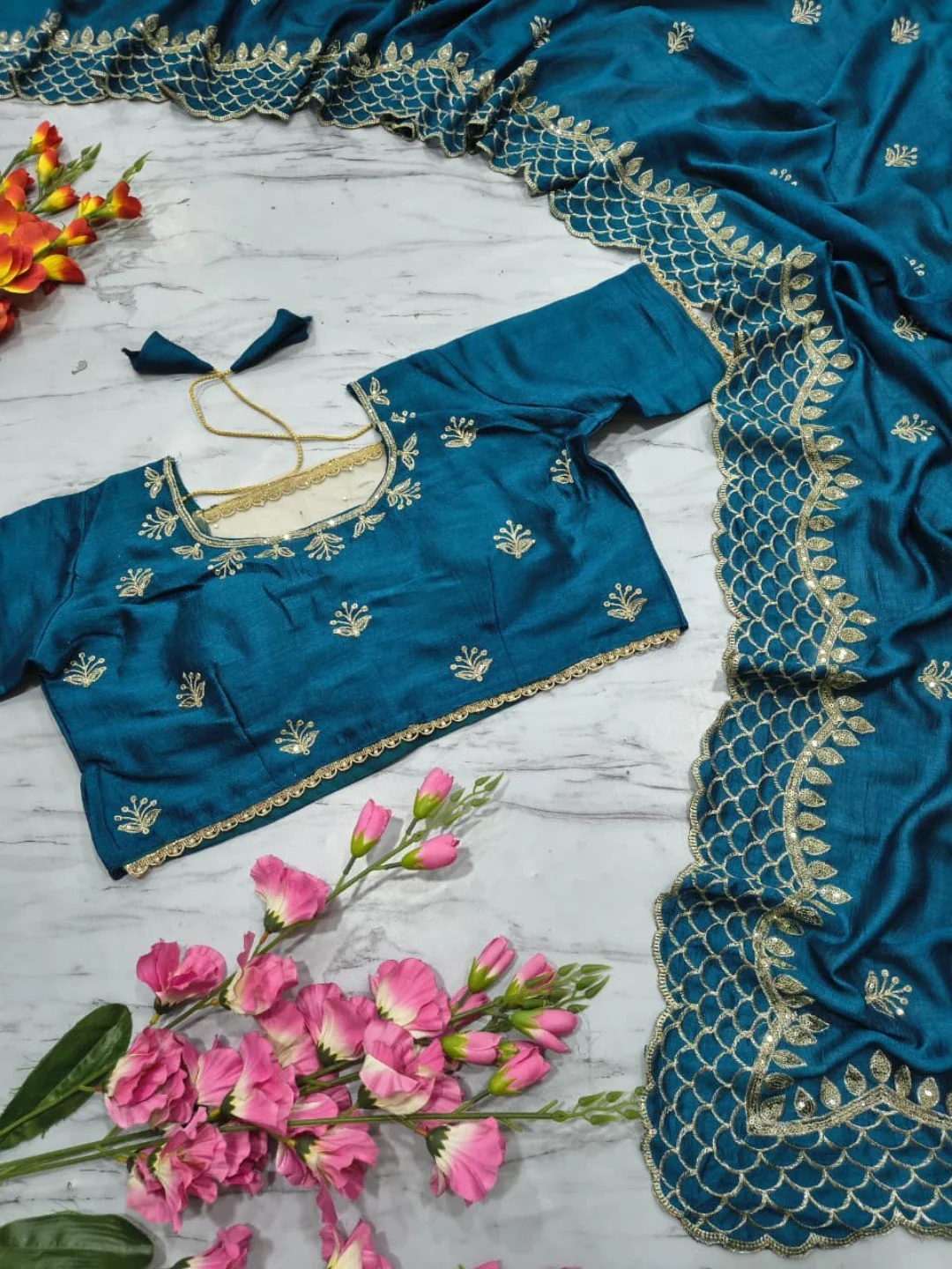 Peacock Blue Floral Design Vichitra Silk Saree Featuring Intricate Thread & Sequins Embroidery - Image 4