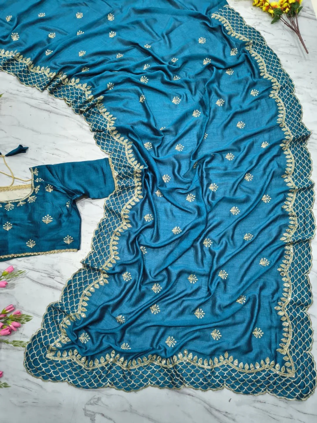 Peacock Blue Floral Design Vichitra Silk Saree Featuring Intricate Thread & Sequins Embroidery - Image 5