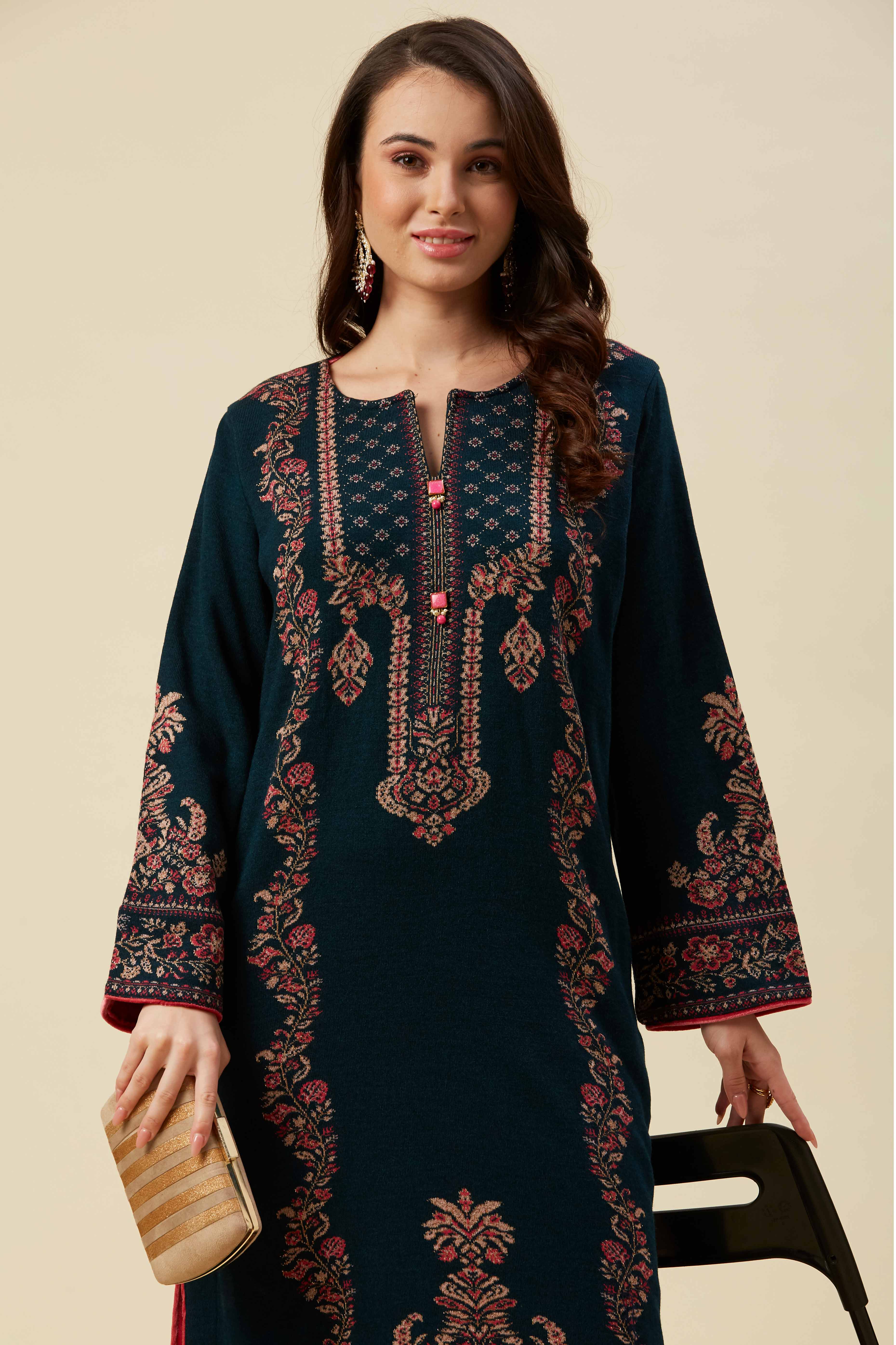 Peacock Blue Floral Woven Woolen Straight Kurti - Image 9