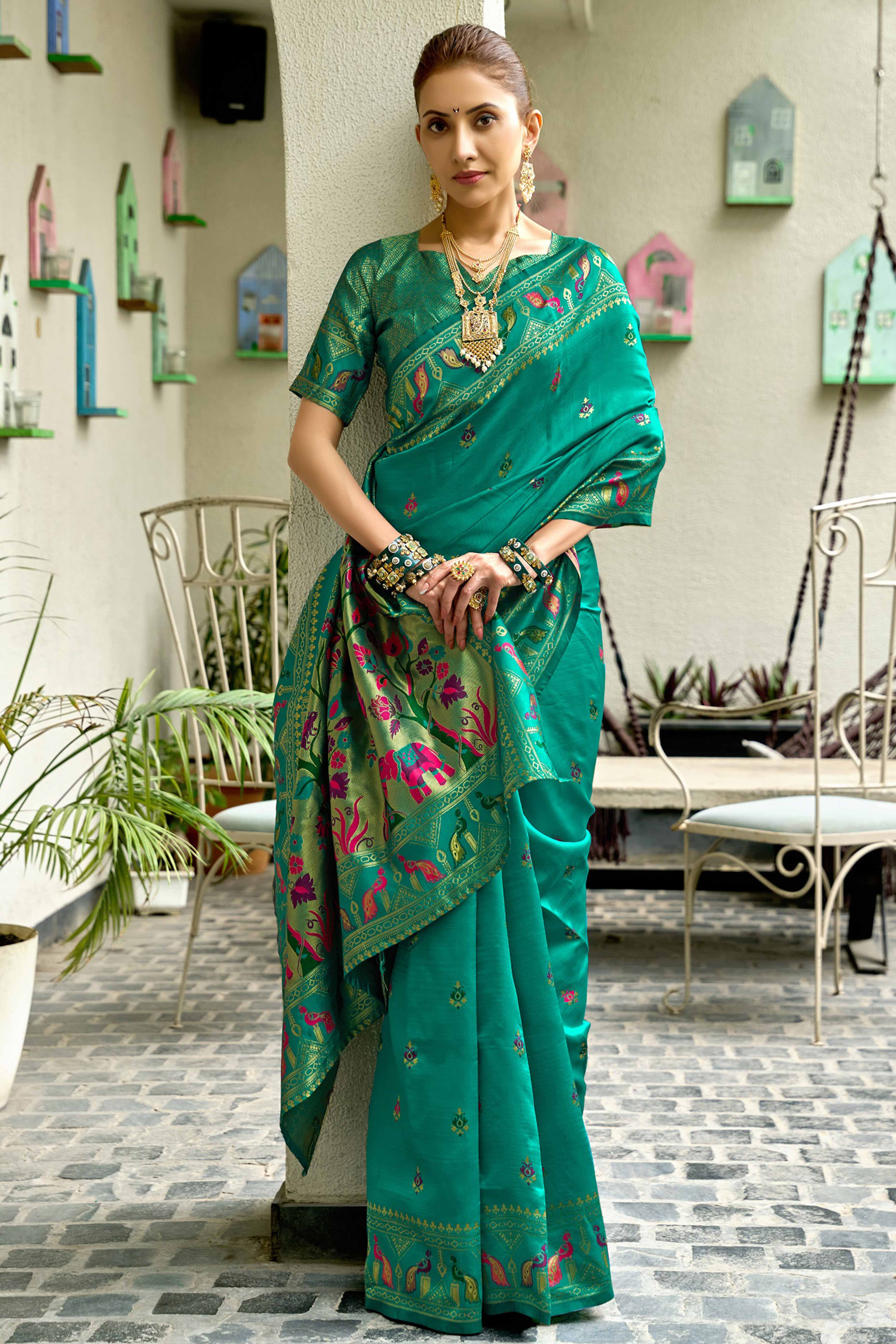 Peacock Green Paithani Style Soft Silk Saree with Zari Weaving - Image 3