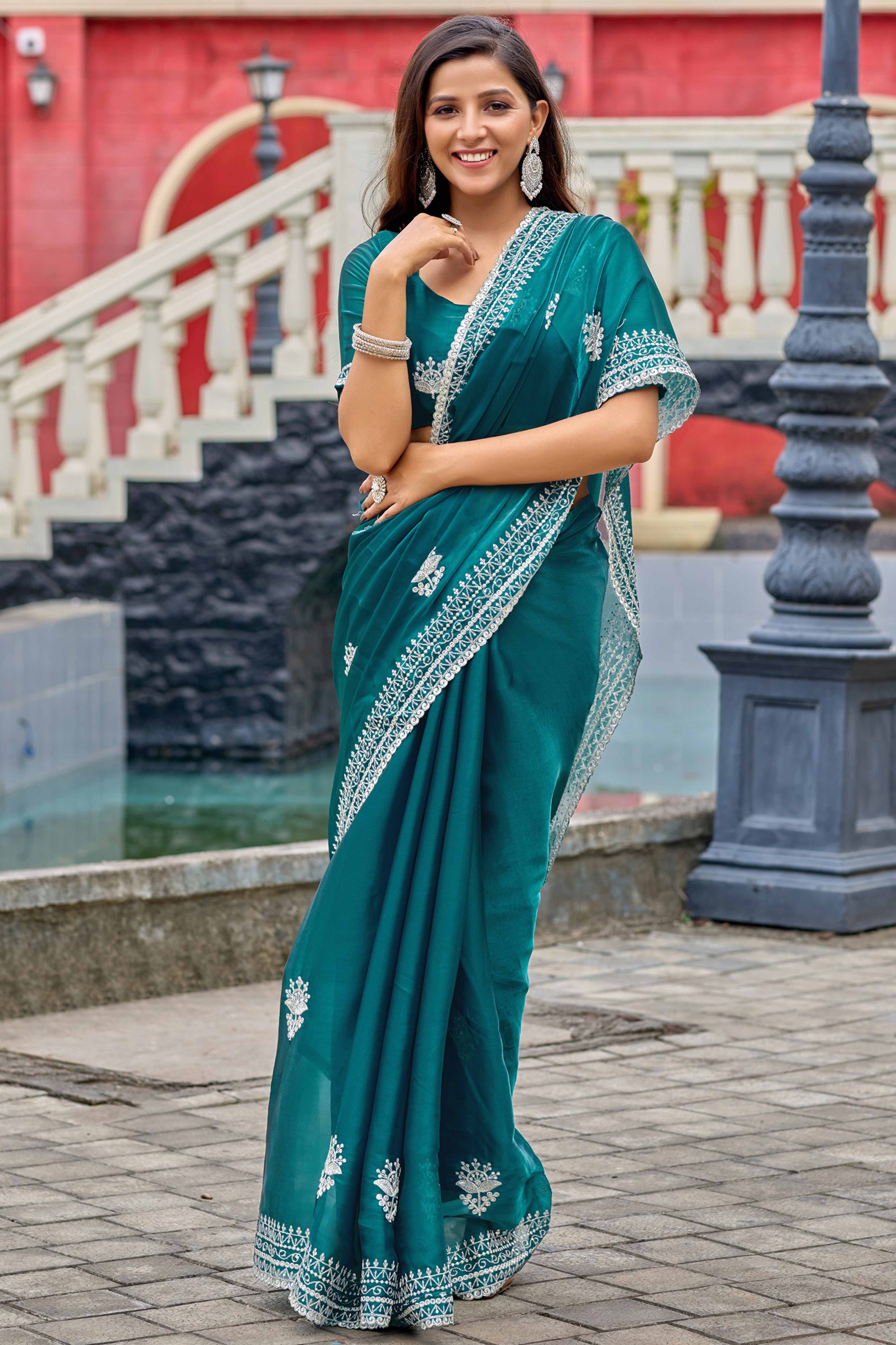 Peacock Green Partywear Saree in Shimmer Chiffon with Sequins Embroidery - Image 4