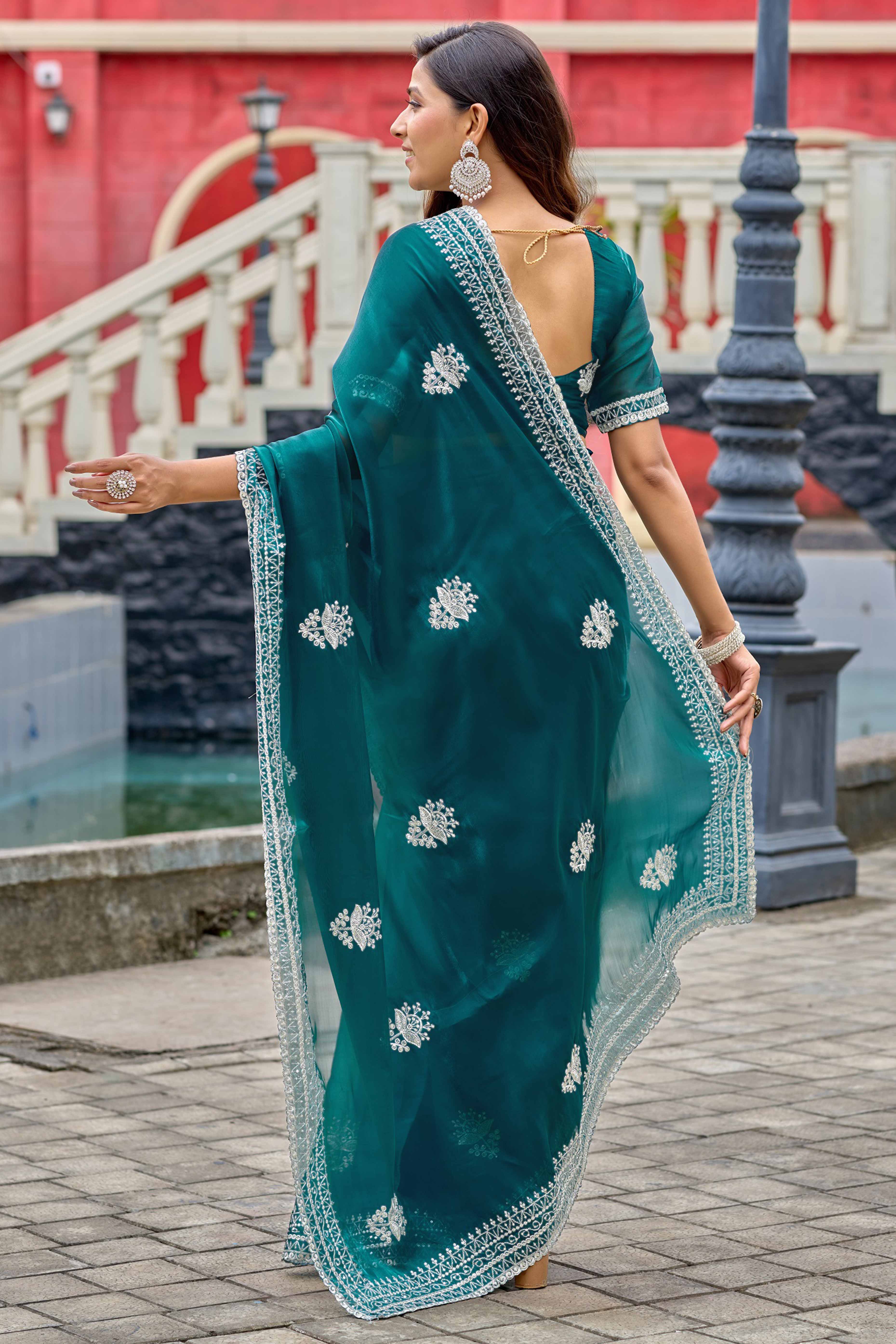 Peacock Green Partywear Saree in Shimmer Chiffon with Sequins Embroidery - Image 5