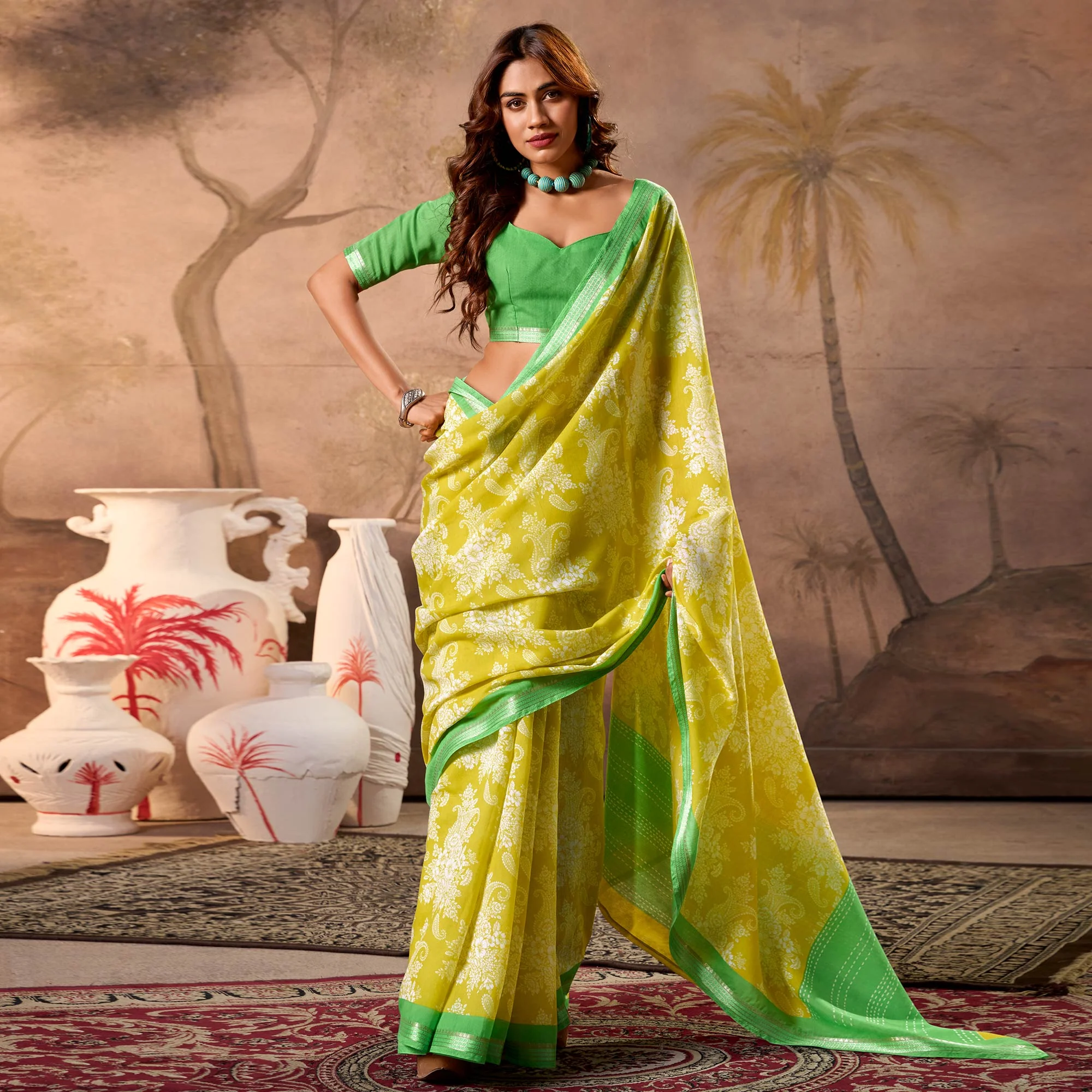 Pear Green Floral Printed Pure Cotton Saree - Image 2