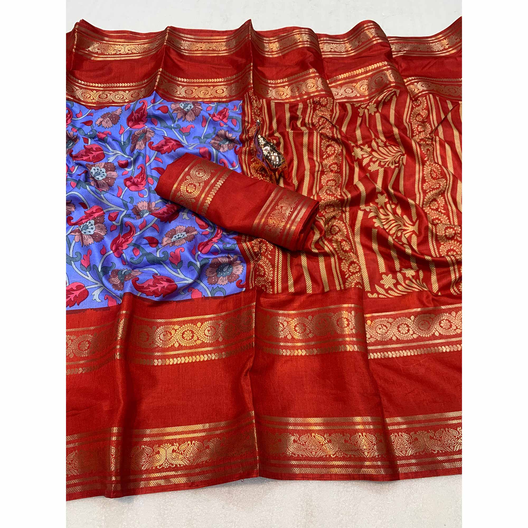 Periwinkle Blue Saree In Dola Silk Featuring Floral Kalamkari Print & Rich Jacquard Border - Image 3