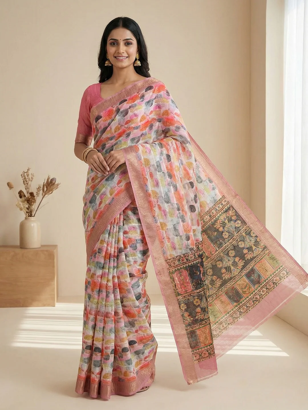 Pink Abstract Digital Printed Cotton Blend Saree with Detailed Digital Pattern Finish