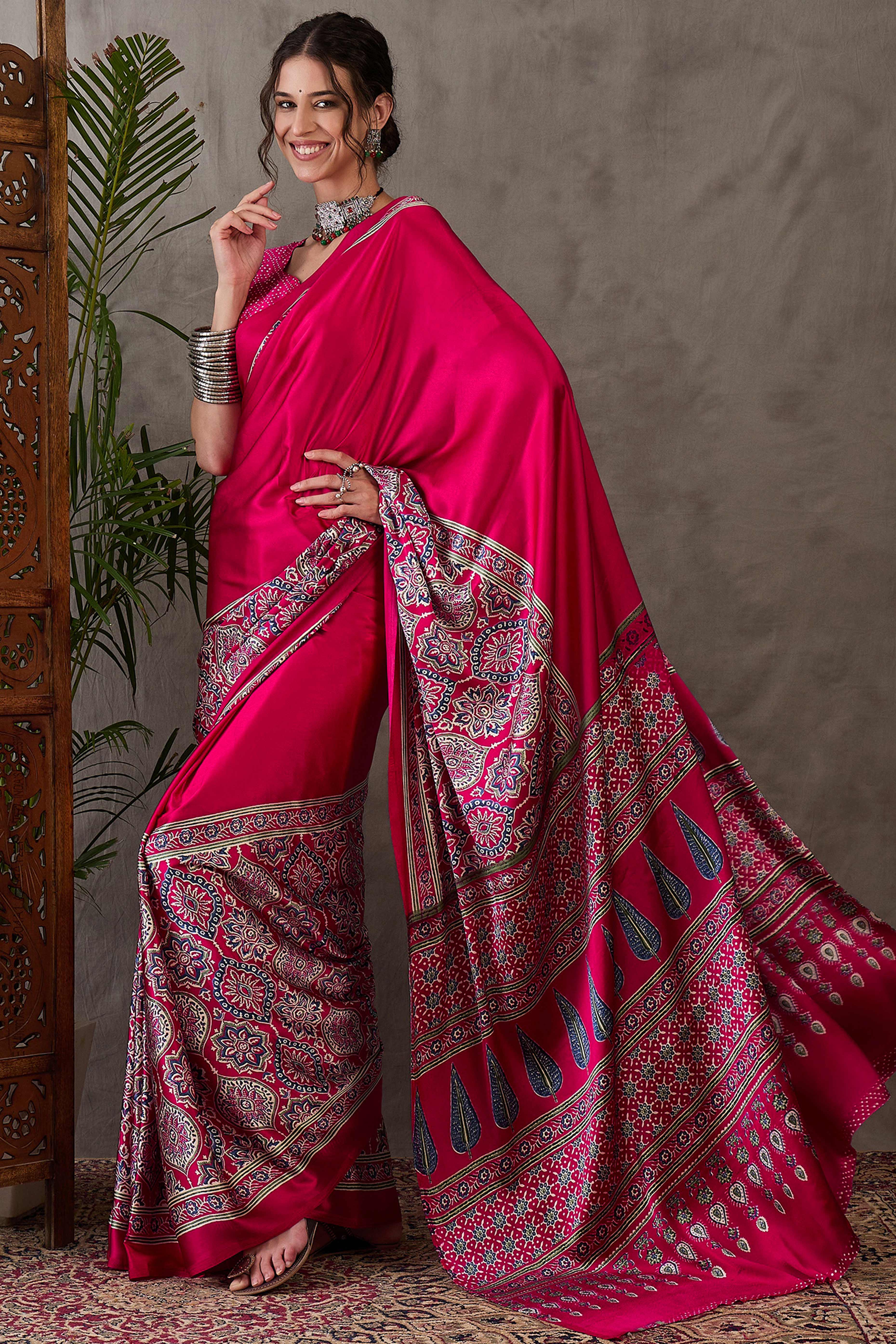 Pink Ajrakh Printed Modal Satin Saree with Rich Party Wear Look - Image 3