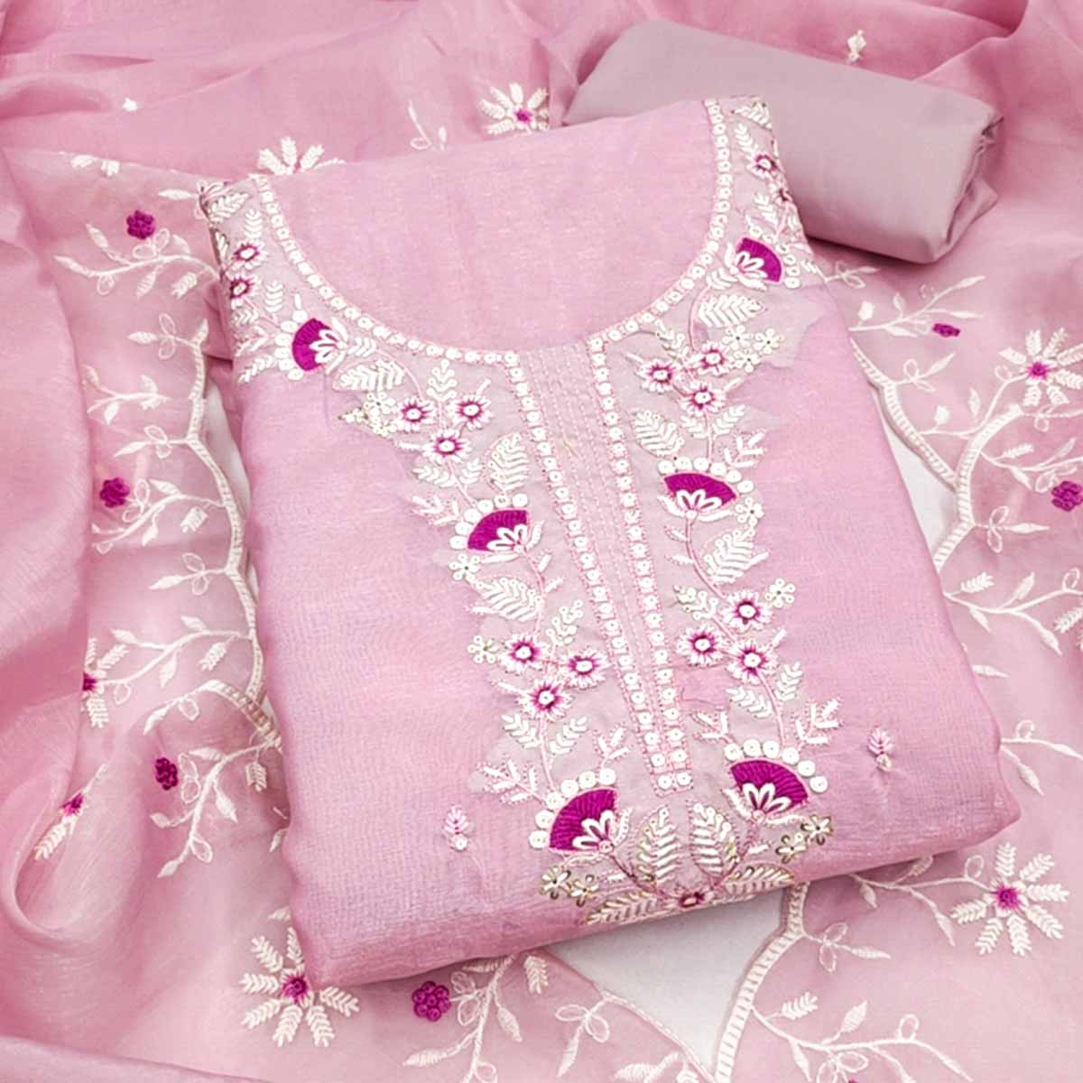 Pink Art Silk Dress Material With Graceful Floral Thread Embroidery & Sparkling Sequins - Image 2
