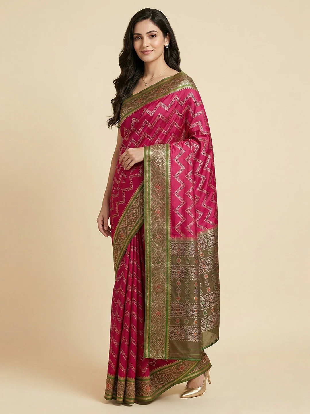 Pink Art Silk Saree with Chevron Print and Contrast Green Woven Border