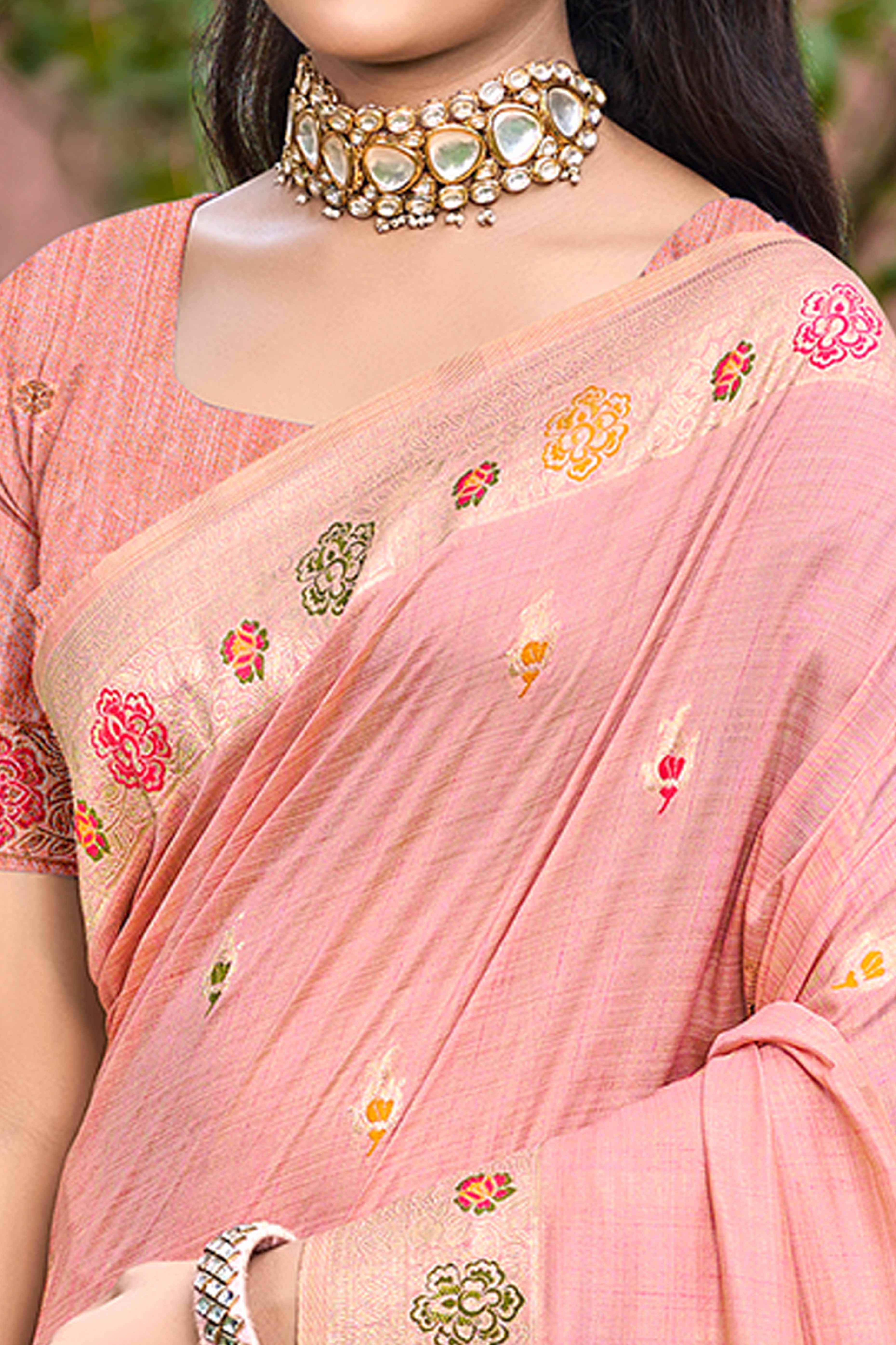 Pink Assam Silk Blend  Saree Featuring Intricate Floral Zari Weave & Tassel Pallu - Image 2